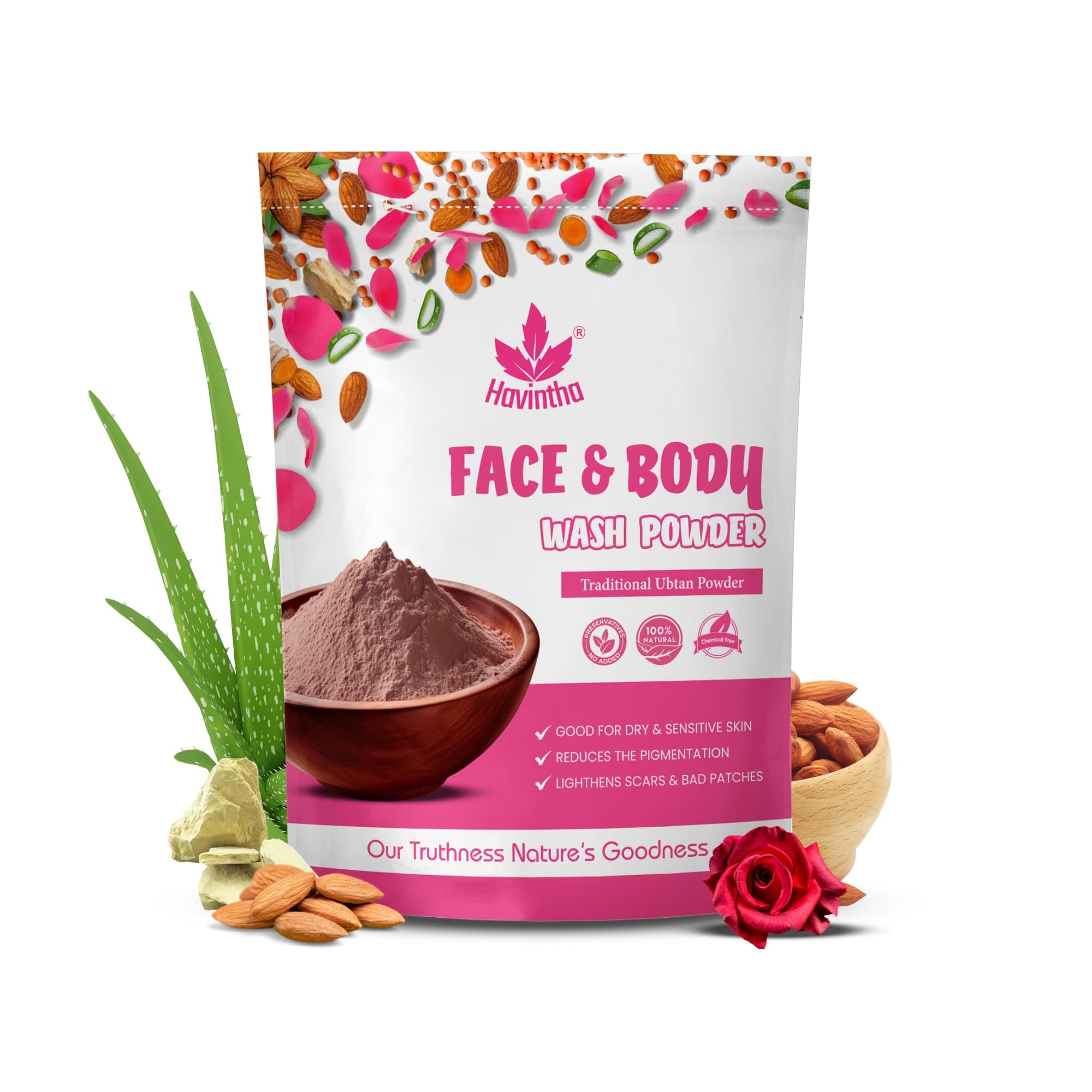 Havintha Natural Face and Body Wash Powder for All Skin Types - 227 gm