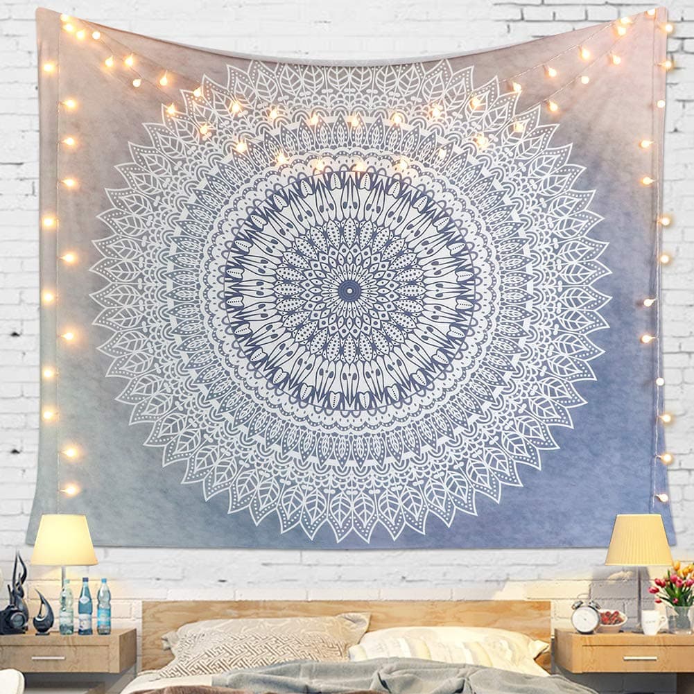 LOMOHOO Mandala Tapestry Grey Navy Flower Wall Hanging Indian Tapestry Wall Tapestry Bohemian Tapestries Indian Bedspread Cotton Picnic Blanket Wall Art Room Decor for Living Bedroom (L/153cmx203cm)