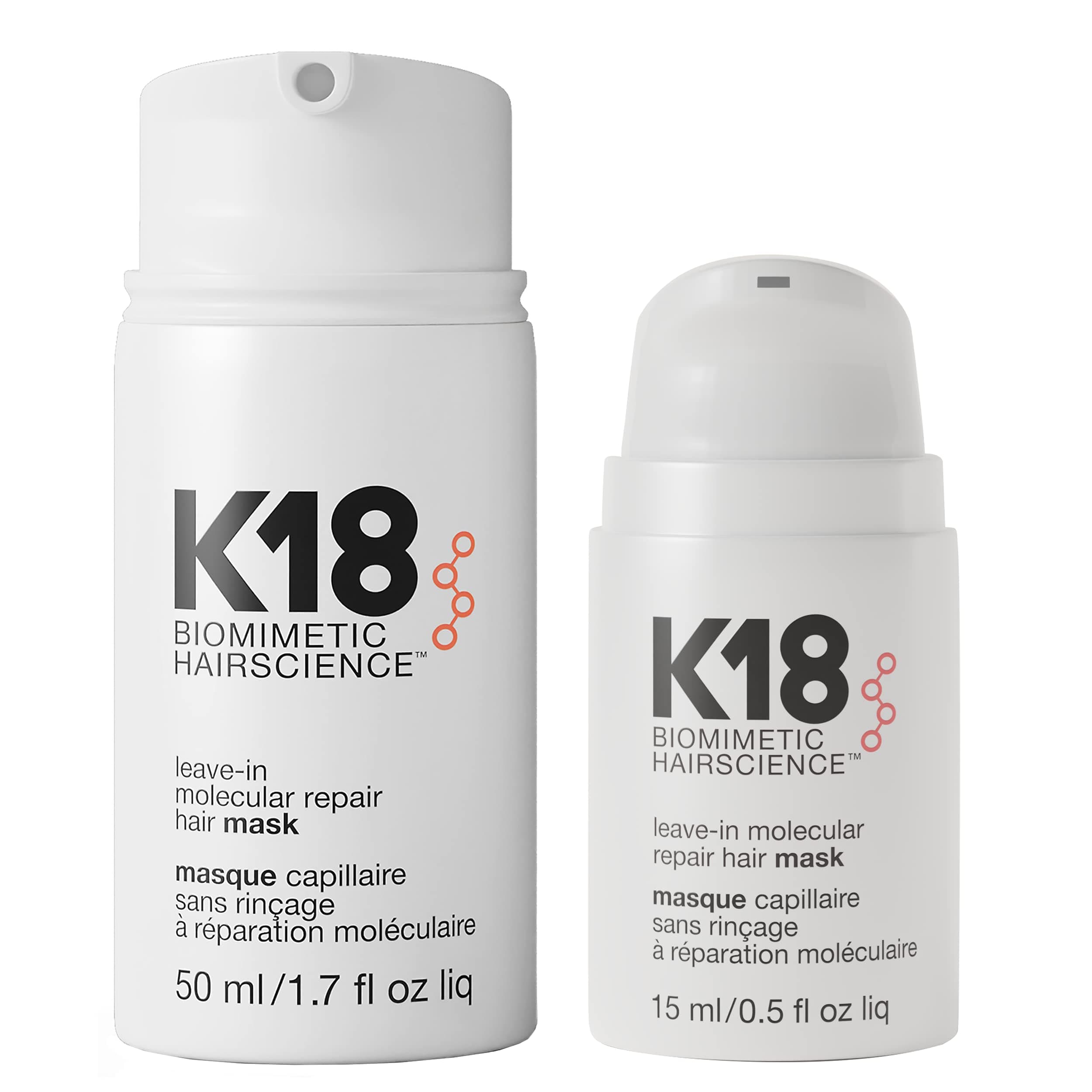 K18 Leave-In Repair Hair Mask, 4-Minute Speed Treatment, Renews Hair Damage From Color, Chemical Services Heat (1 of each 50ml & 15ml).