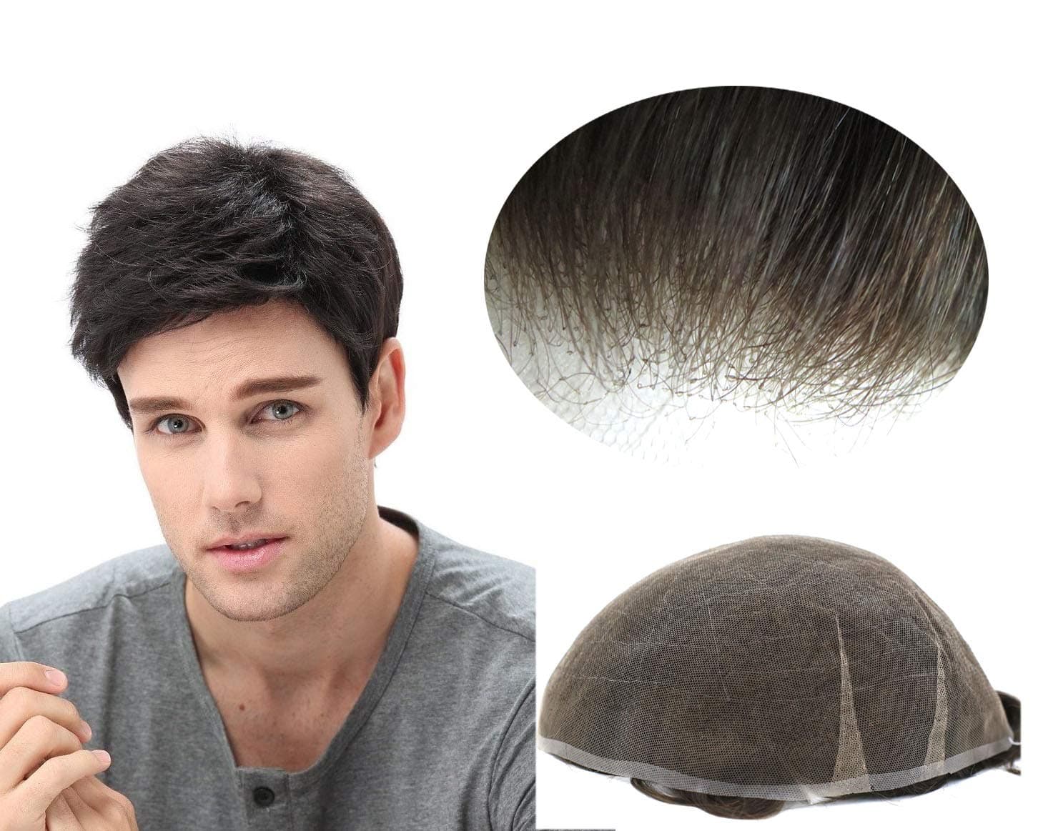 Mens Toupee Human Hair Replacement System Soft Swiss Lace Undetectable Hairpieces Hairline #1B