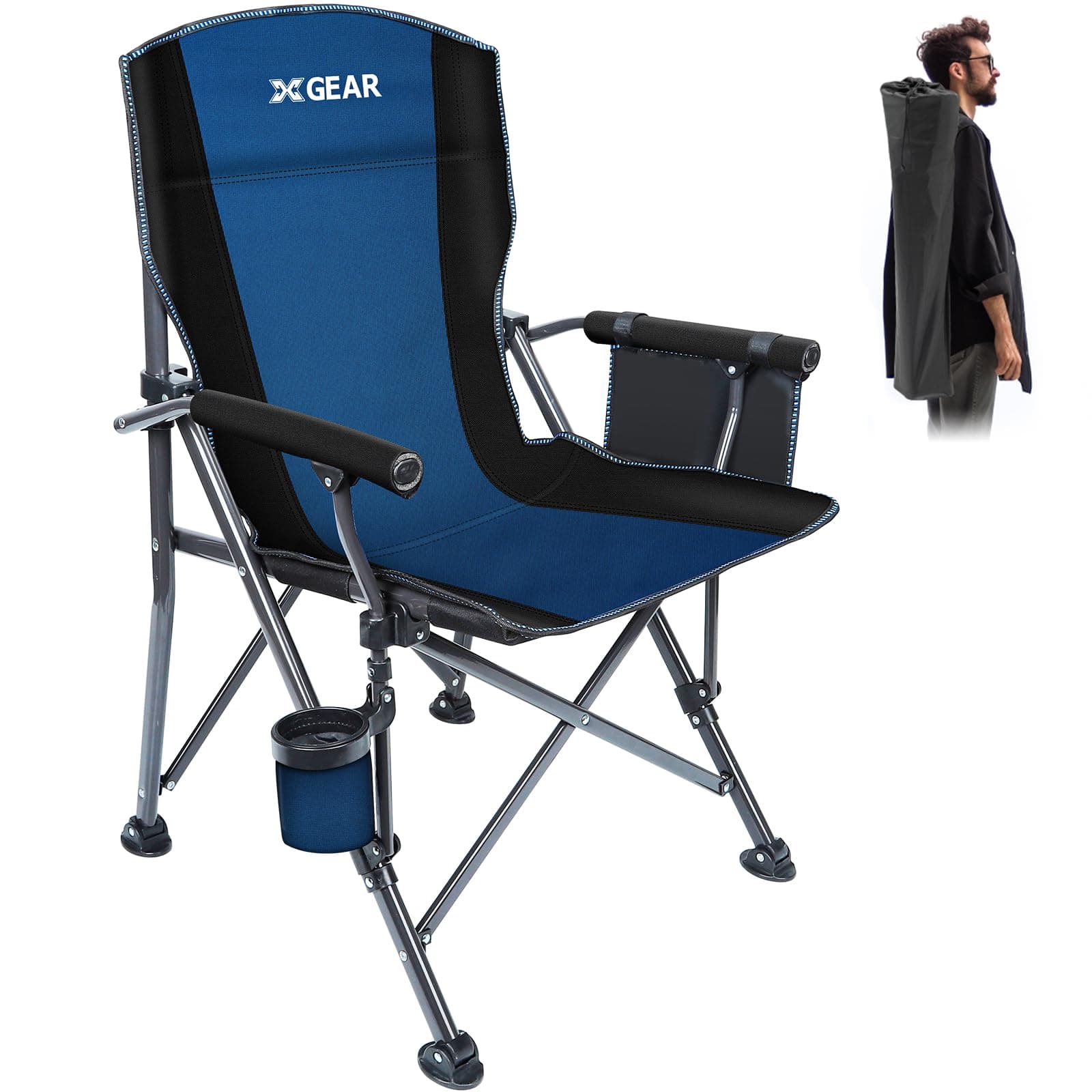 XGEAR Camping Chair with Padded Hard Armrest, Sturdy Folding Camp Chair with Cup Holder, Storage Pockets Carry Bag Included, Support to 400 lbs
