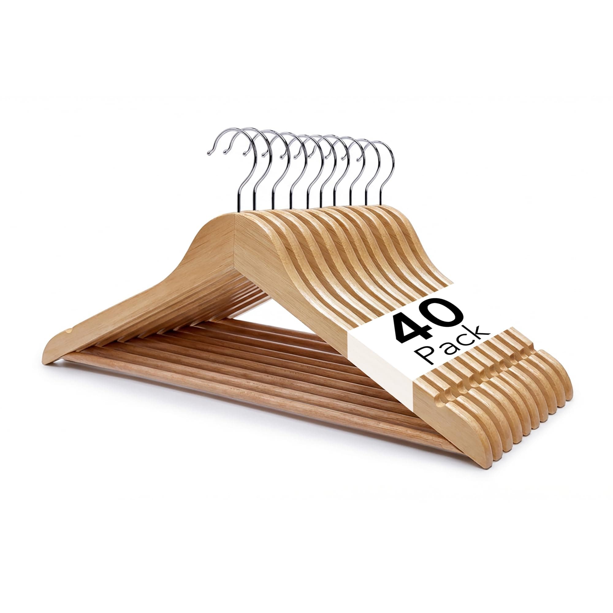Straame - Strong Brown Premium Wooden Coat Hangers - Made with Natural Wood and Non-Slip Trouser Coat Jacket Hangers Pants Bar - Extra Smooth Finish - Strong Shoulder Notches (Pack of 40)