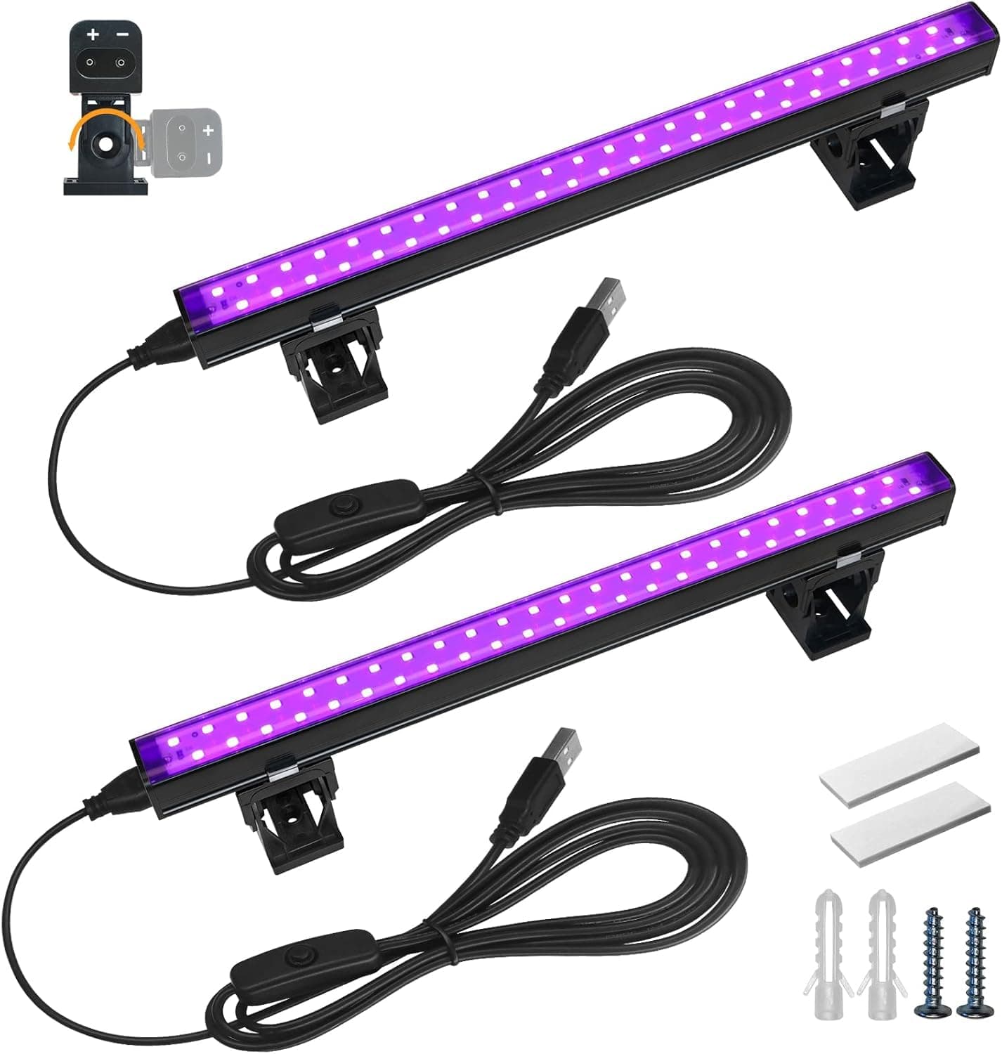 Barrina Blacklight Strip Lights, 10W 1ft USB Black Light Bar, Adjustable Black Lights for Glow Party, Fluorescent Poster Body Paint Halloween Decorations, Portable UV Light Strip for Bedroom (2-Pack)