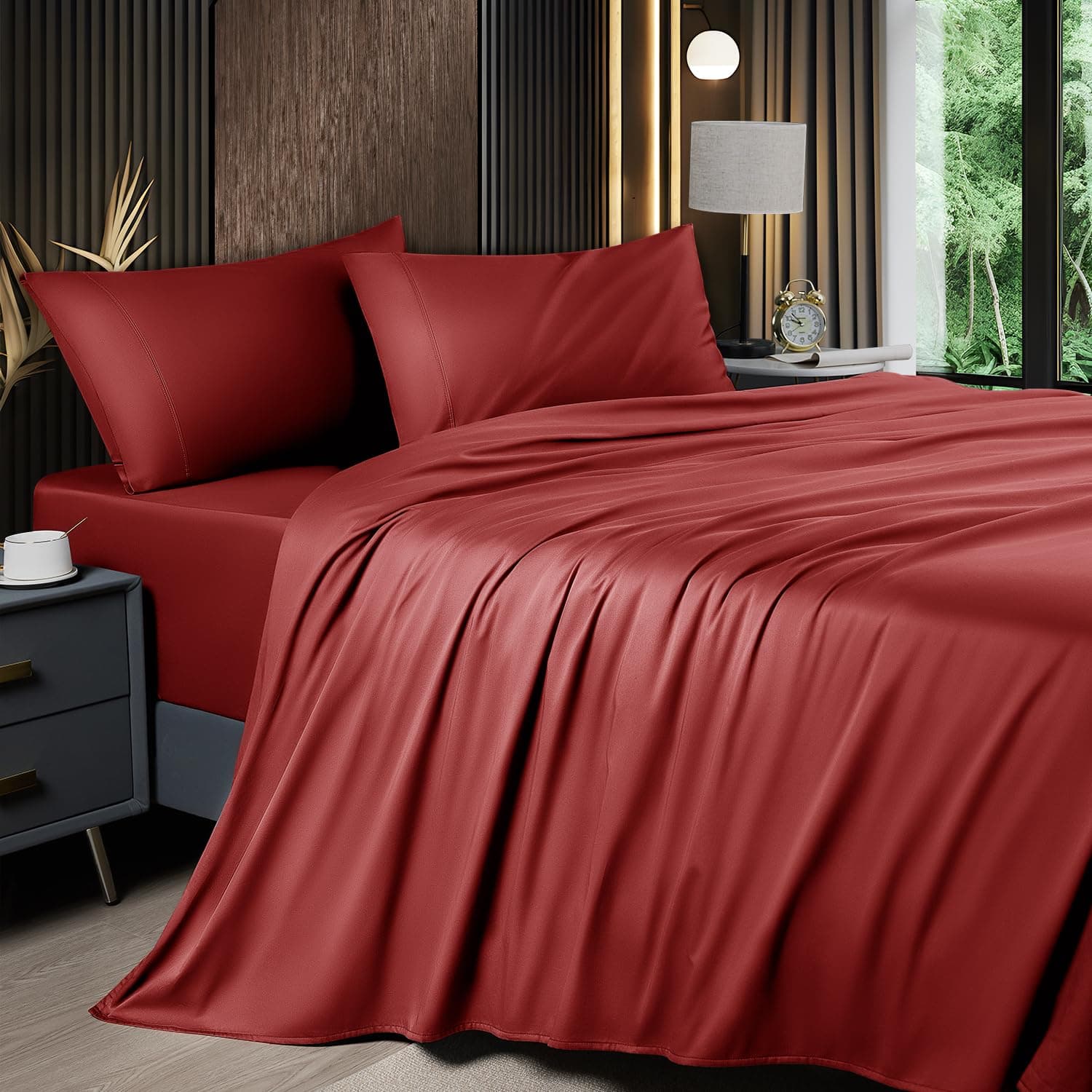Shilucheng Cooling Breathable Bamboo_ Bed Sheets Set - Queen Size,1800 Thread Count Super Silky Soft with 16 Inch Deep Pocket, Machine Washable, 4 Piece (Queen,Burgundy)
