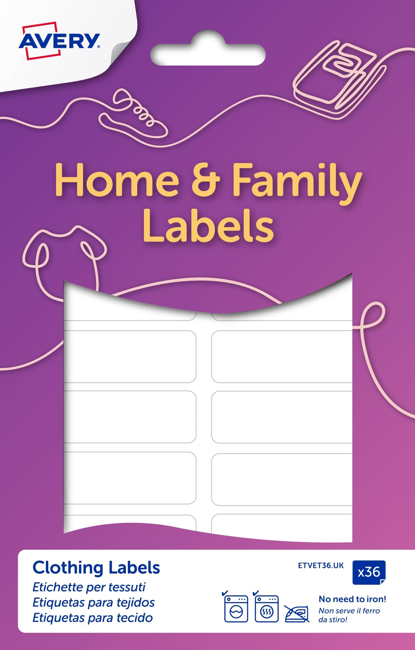 Stick-On Clothing Labels for Kids – Handwriting Name Stickers, No Iron or Sewing, Waterproof & Washer Safe, School Uniform & Nursery Labels, White, 45mm x 13mm, 36 Pack (ETVET36.UK)