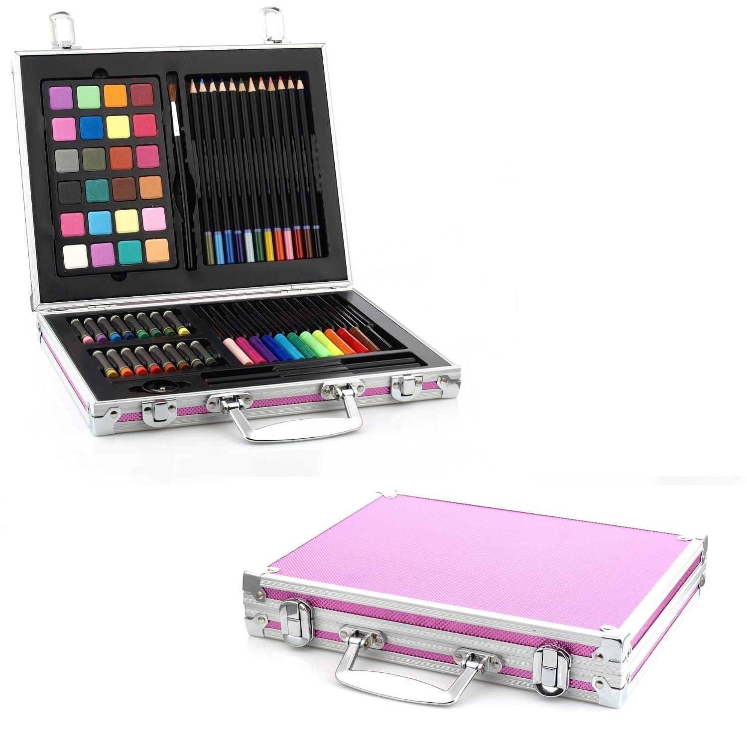 70 Piece Kids Art Set in Pink Aluminum Case Drawing Deluxe / Ensemble De Materiel D'art Pour Enfants