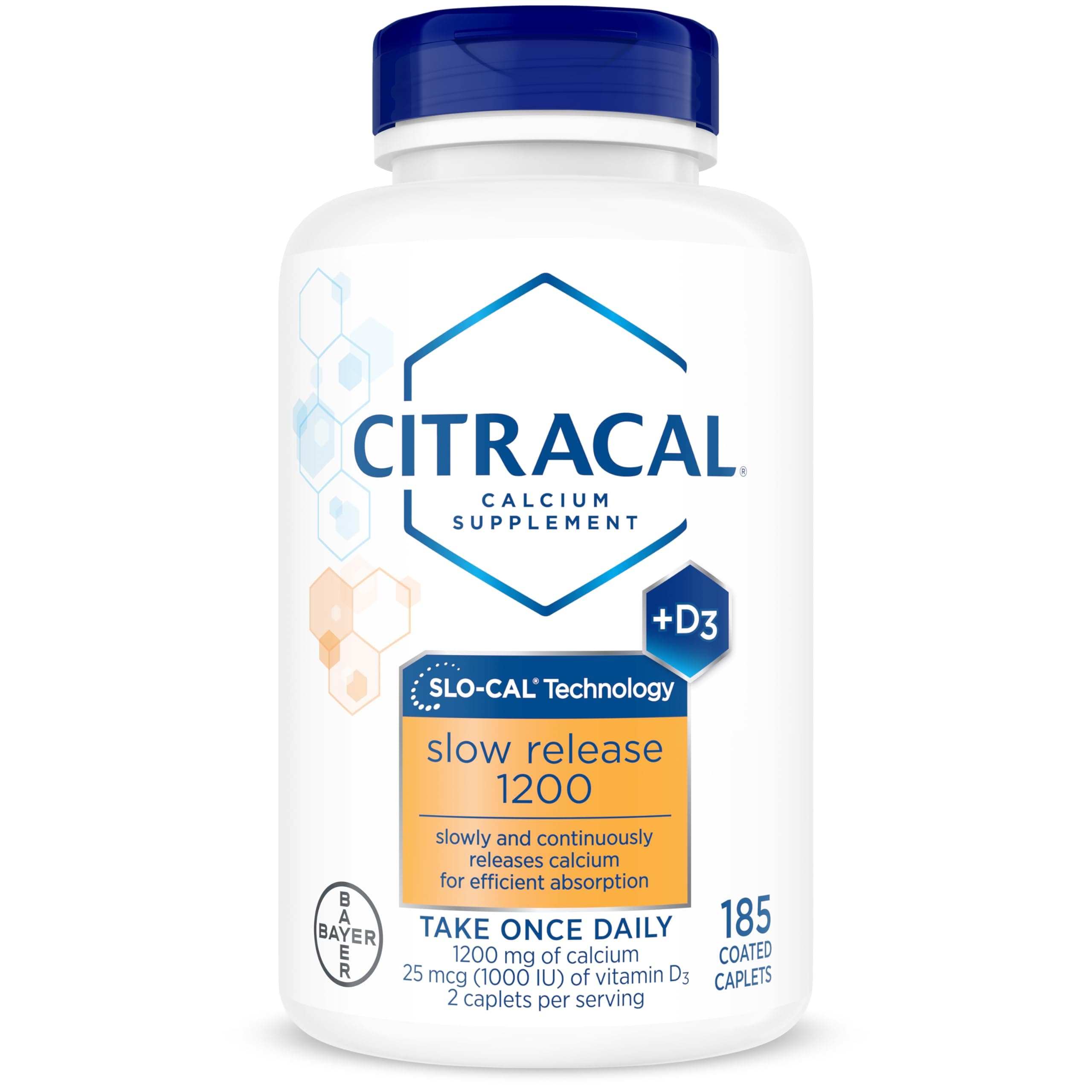 CITRACAL Slow Release 1200, 1200 mg Calcium Citrate and Calcium Carbonate Blend with 1000 IU Vitamin D3, Bone Health Supplement for Adults, Once Daily Caplets, 185 Count