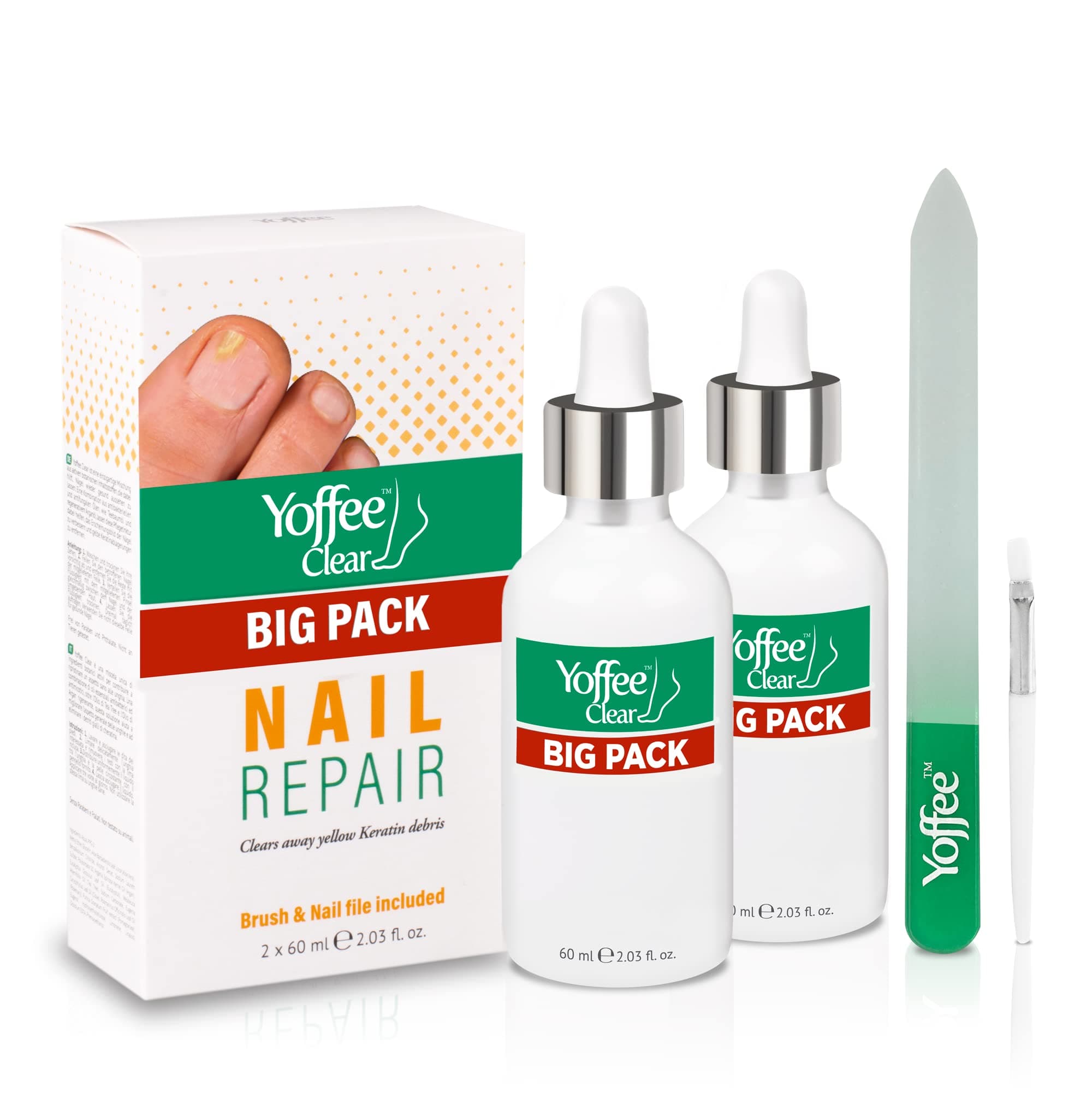 Yoffee Clear Nail Care Kit 2 x 60ml Bottle - Fungal Nail Treatment for Finger and Toe Nail - Antibacterial, Antiseptic - Antifungal with Organic Argan Oil, Tea Tree Oil–Improved Formula/Made in Spain