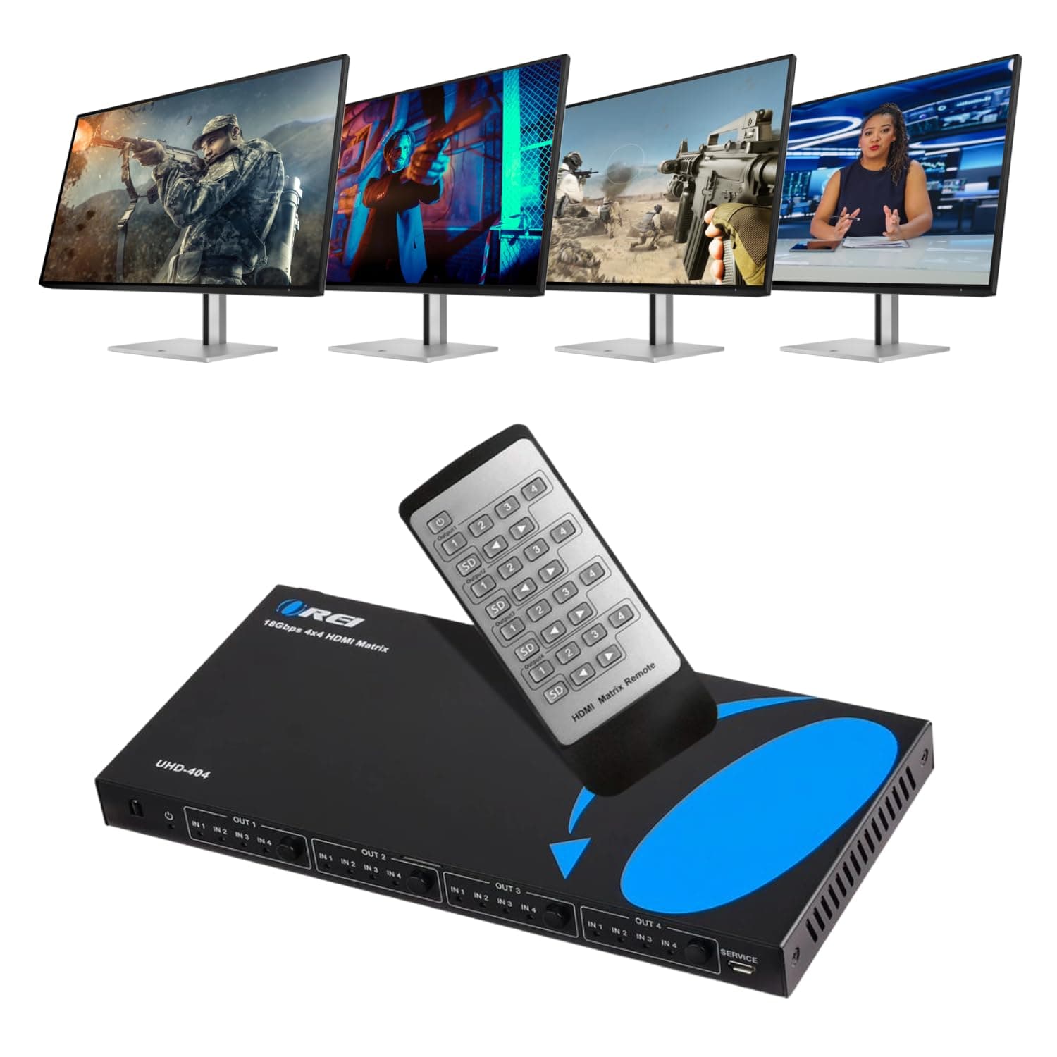 OREI 4x4 HDMI 4K Matrix Switch/Splitter by (4-Input, 4-Output) with Remote Control Supports UltraHD 4K@60Hz 4:4:4, HDR, YUV, HDMI 2.0, HDCP 2.2, 3D, 1080p, 18 GBPS - Downscaler (4K & 1080p Together)