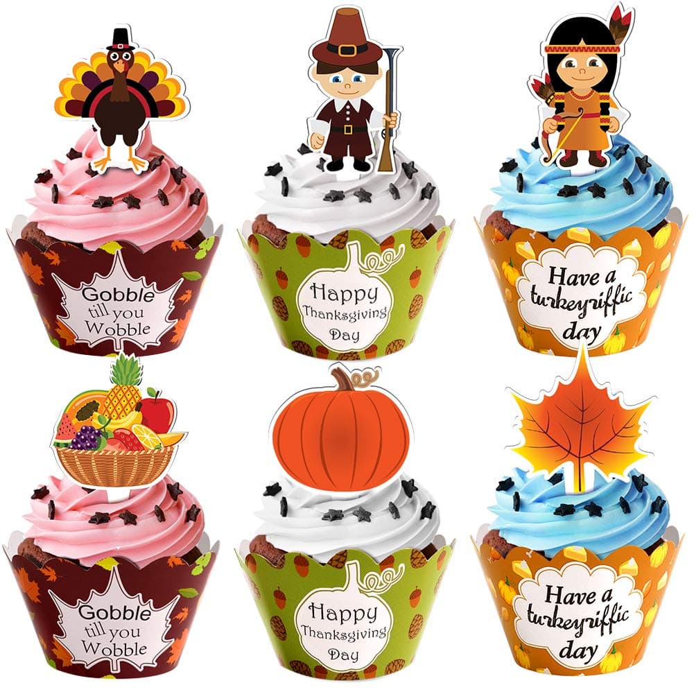 48 Pcs Thanksgiving Cupcake Toppers Wrappers Turkey Pumpkin Cupcake Toppers for Thanksgiving Party Decorations Supplies