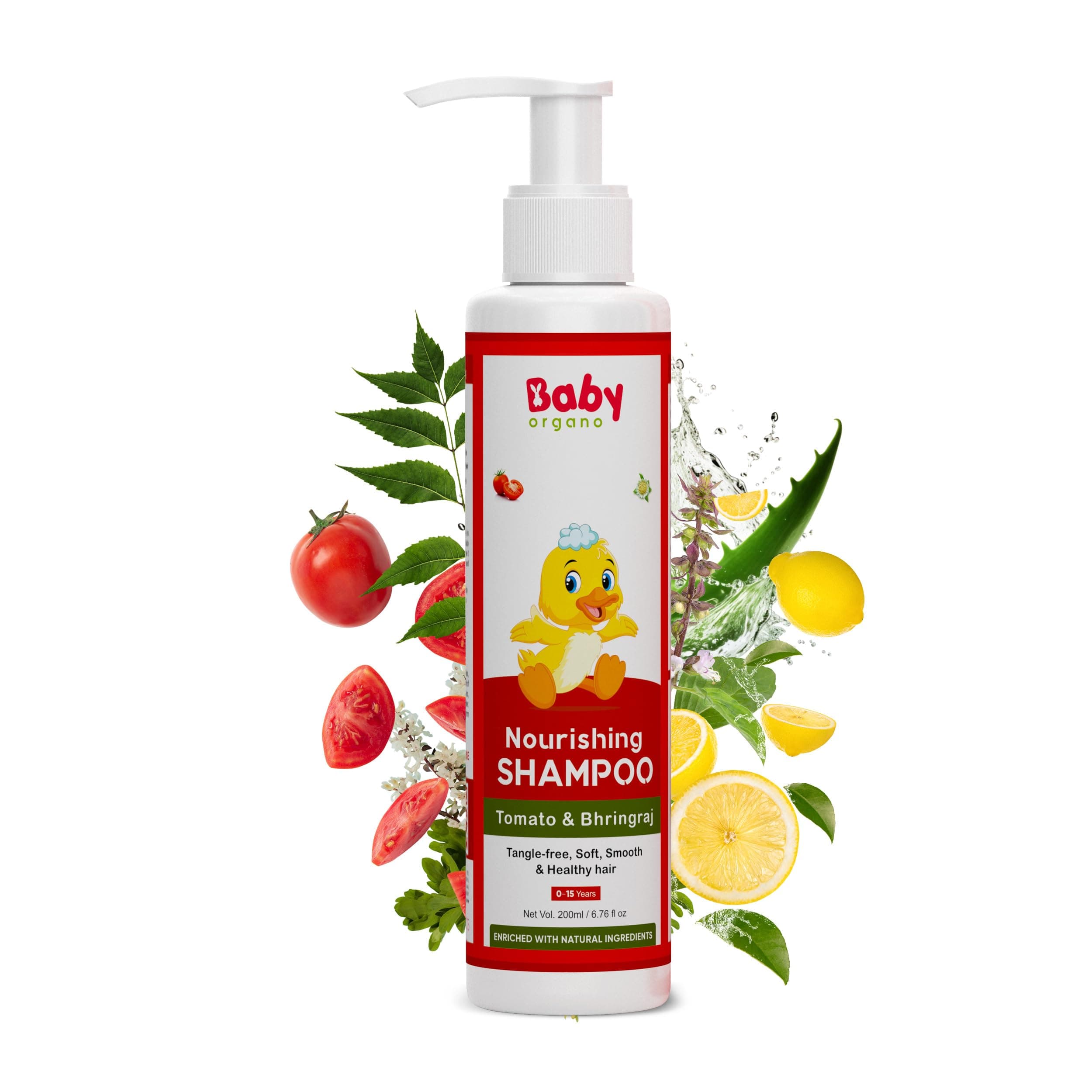 BabyOrgano® Ayurvedic Bhringraj, Tomato Tear Free Baby Shampoo For Newborns And Kids Promotes Healthy Shiny, Smooth, Silky & Anti Hair Loss Shampoo 200Ml(0-15 years)