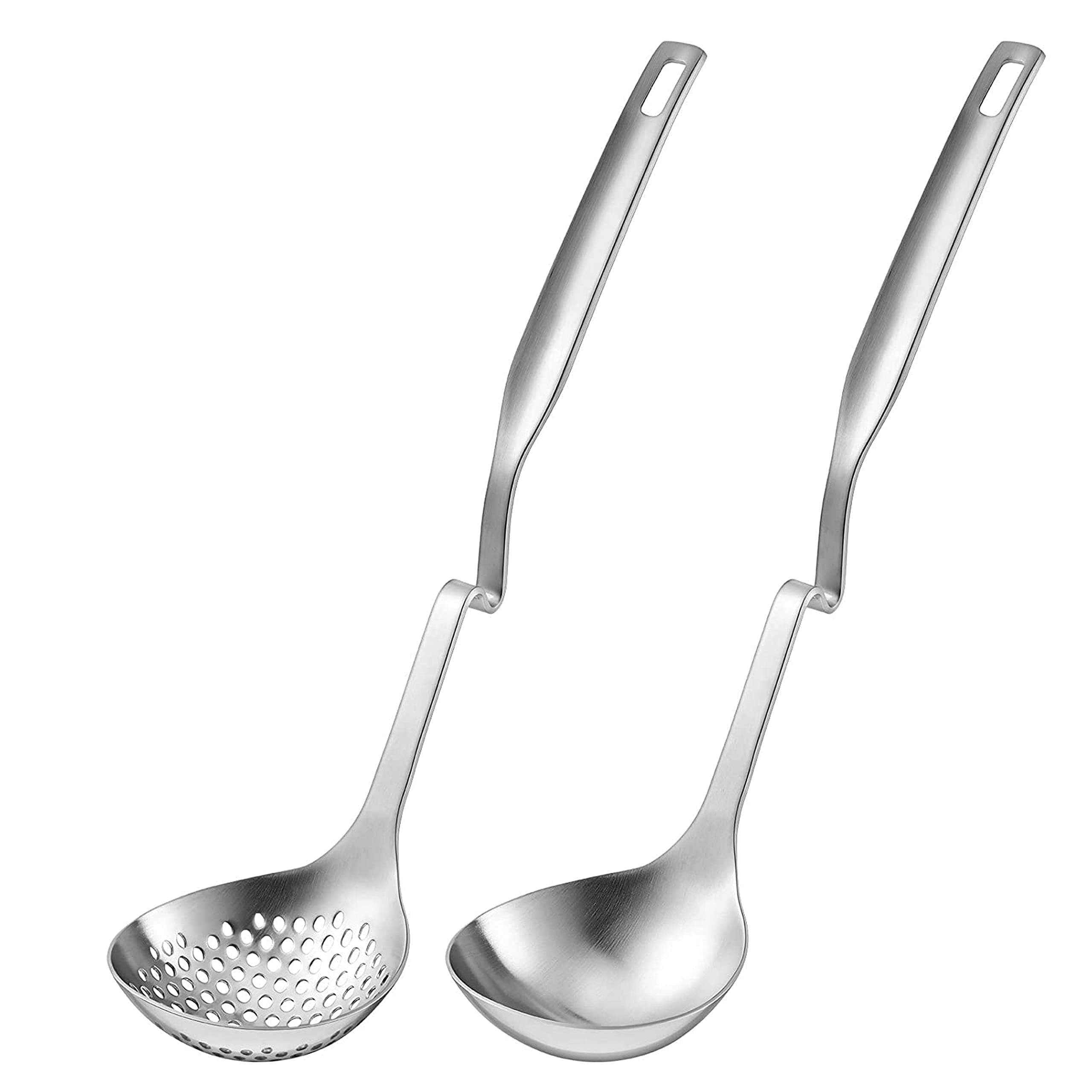 GuDoQi Soup Ladle, 2 Pack Durable 304 Stainless Steel Soup Skimmer, Slotted Strainer Ladle, with S Shape Hanging Handle, Cooking Spoon for Kitchen, 12 Inches