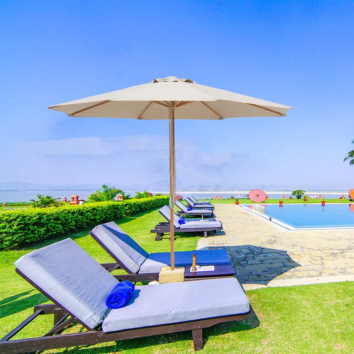 9ft Bamboo Outdoor Patio Umbrella Market Backyard Table Umbrella Pulley Lift, 8 Ribs, Taupe