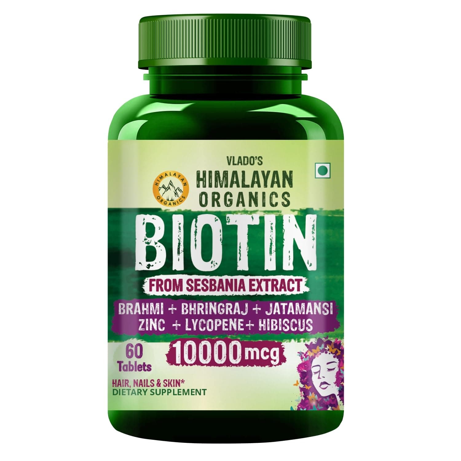 Vlado’s Himalayan Organics Biotin 10000mcg Supplement for Hair Growth, Strong Hair and Glowing Skin, Nail I With Brahmi, Jatamansi, Bhringraj, Hibiscus, Lycopene, Bamoo Extract & Vitamin C with Zinc I Biotin Supplement For Men & Women - 60 Veg Tablets