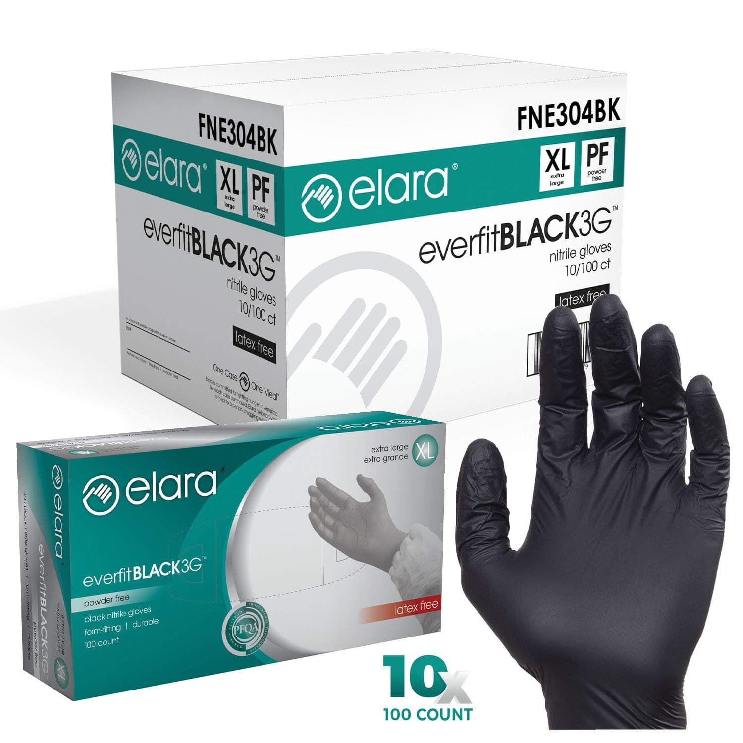 Elara FNE304BK EverfitBLACK3G Nitrile Disposable Gloves, 3 mil, Black, Powder Free, Food Safe, Non-Latex, Size X-Large, Case of 1000