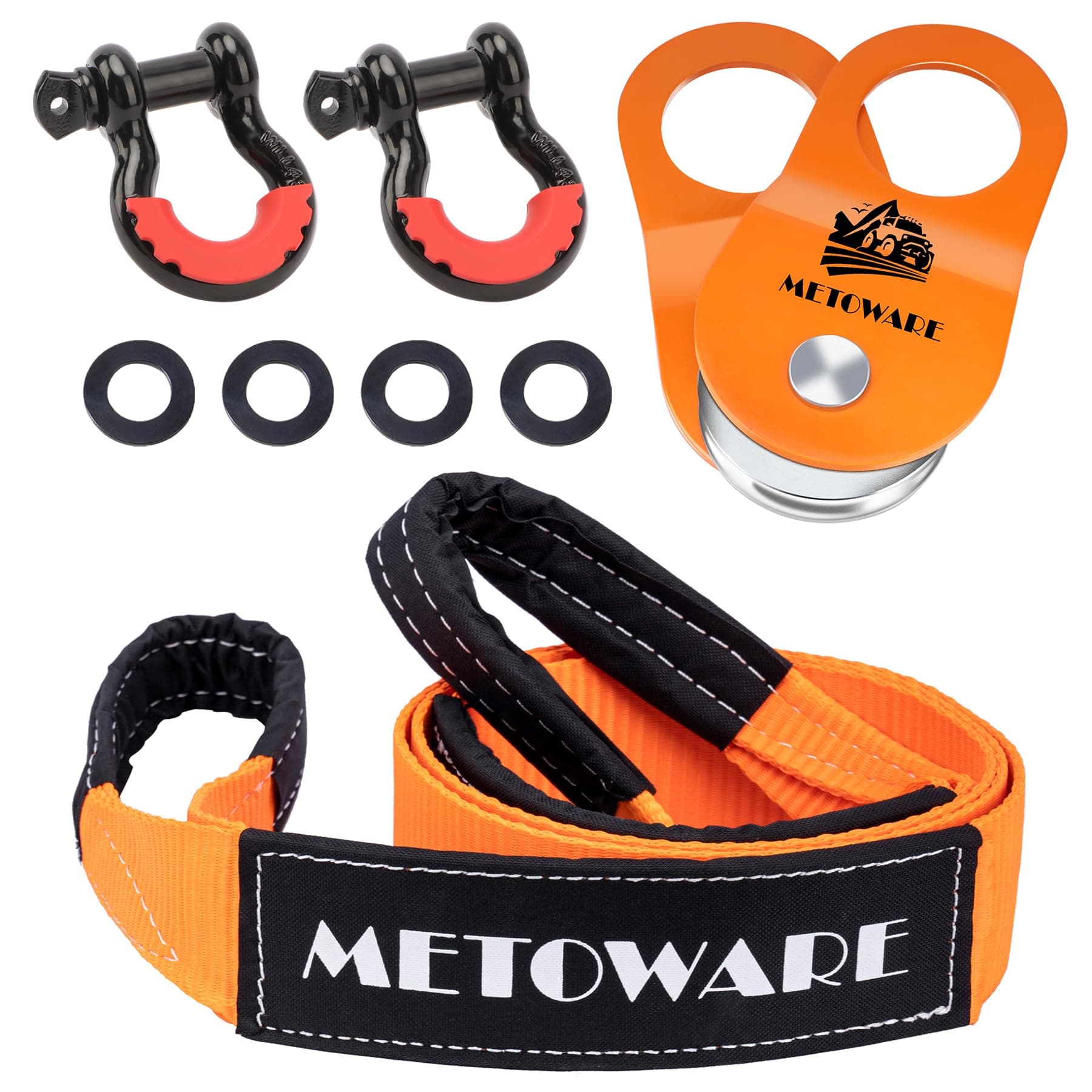 Offroad Recovery Kit - 3" x8' Tree Saver, Tow Strap with 2pk D Ring Shackles and 10 Ton Heavy Duty Snatch Block Pulley