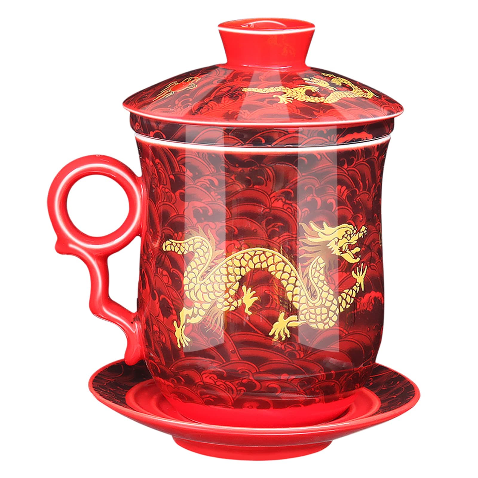 QUSHE Jin De Zhen Tea Cup Chinese Dragon Tea Mug 13.5oz / 400ml - Red