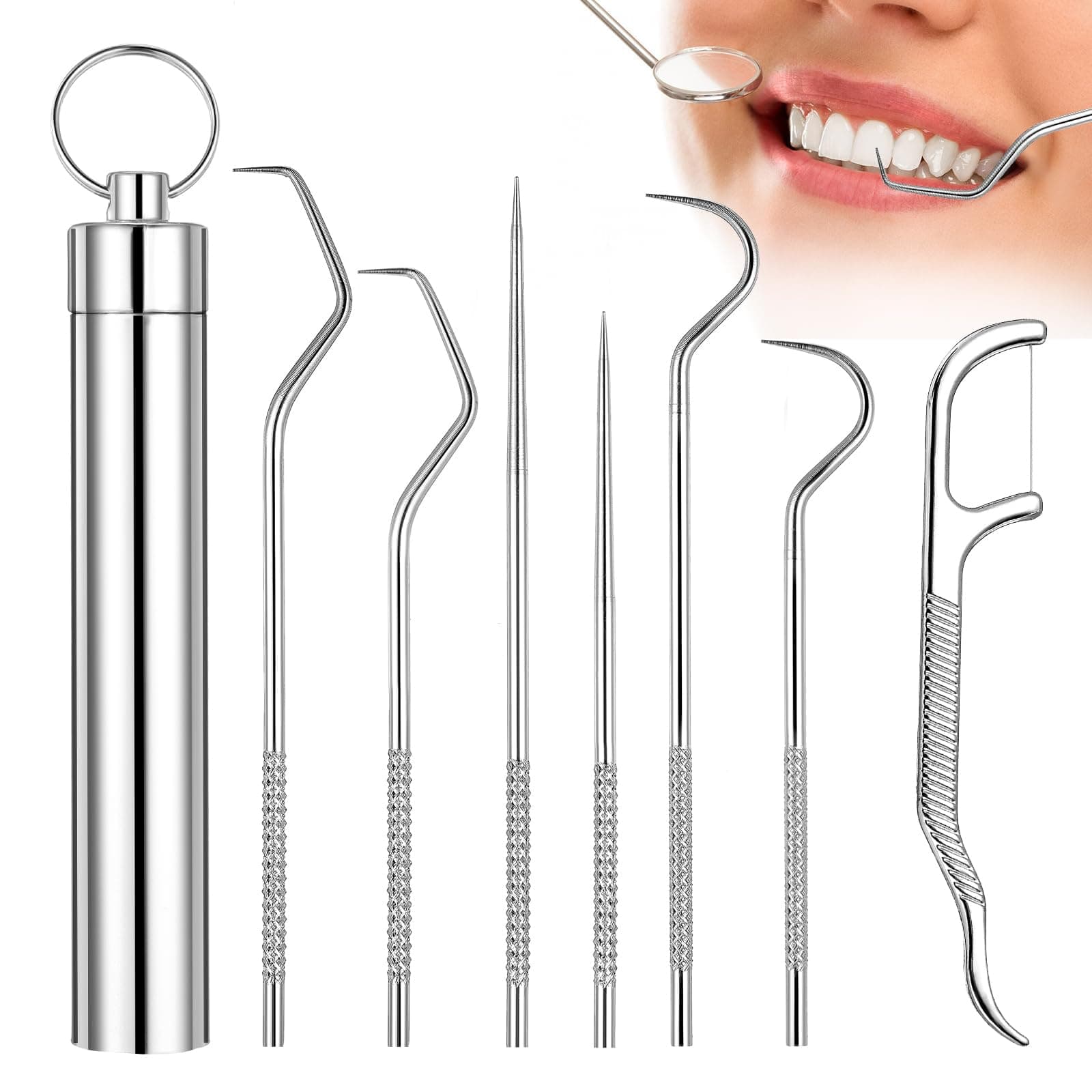 7 Pcs Stainless Steel Dental Floss Toothpicks Set With Aluminum Tube - Portable Teeth Cleaning Picks Flosser for Personal Care and Braces