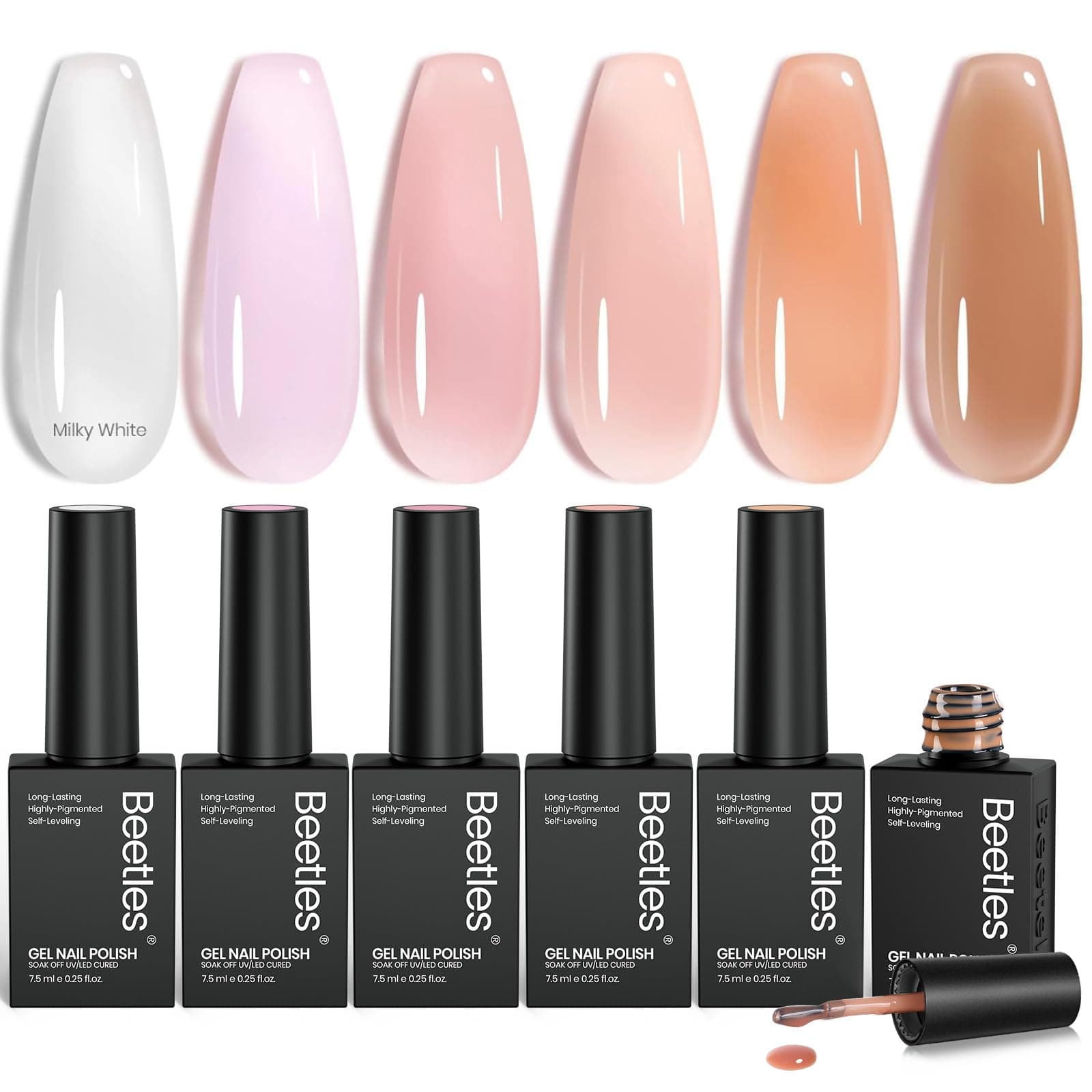 Beetles Sheer Elegance Nude Gel Nail Polish Set - 6 Colors Jelly Gel Polish Kit Milky White Nude Pink Brown Nail Concealer Translucent Effect Soak Off Uv French Nail Art Gift for Women