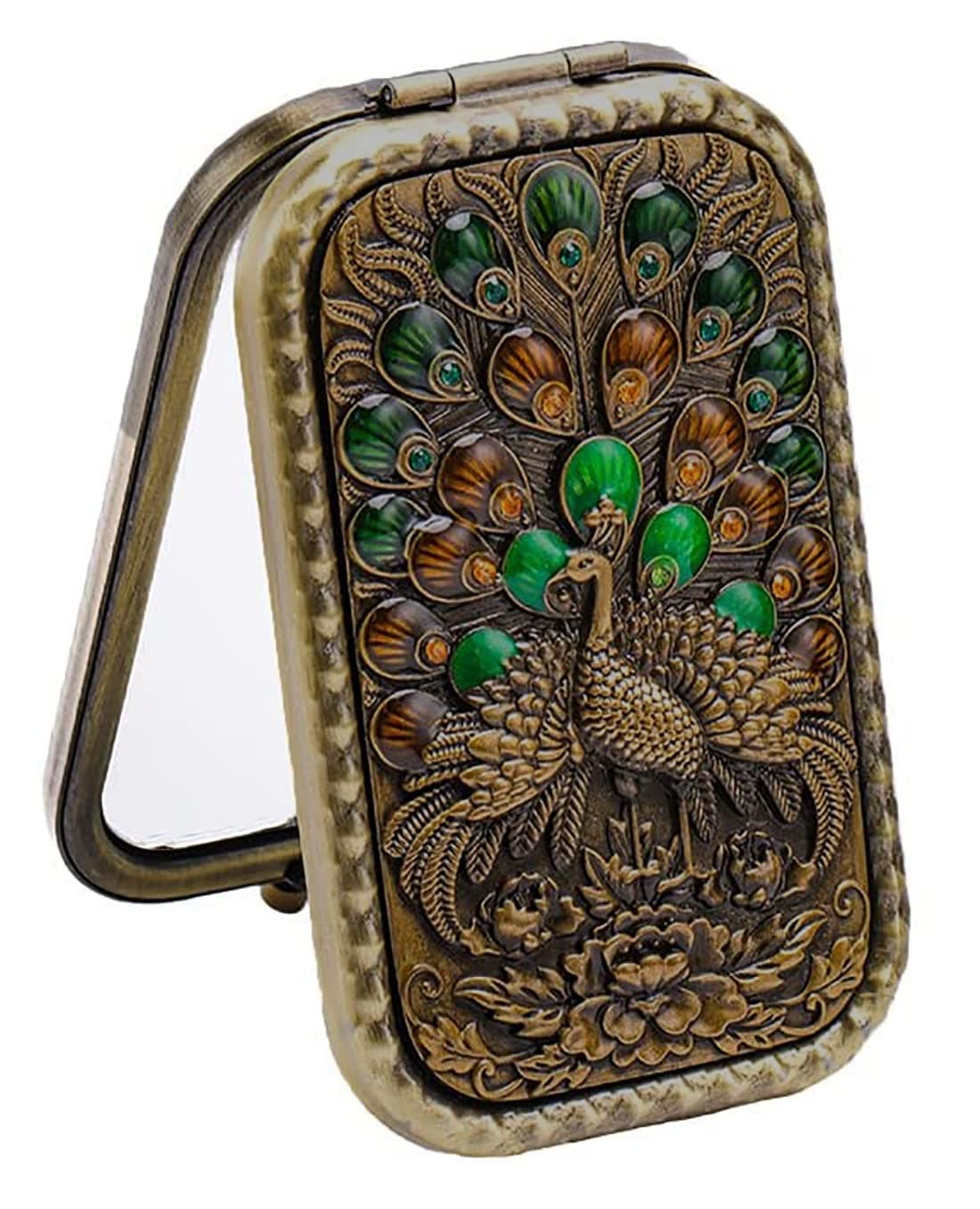 Magnifying Vintage Foldable Metal Princess Style Purse Mirror Compact Small Mirror Magnifying Vintage Pocket Mirror (Random Pattern, Set of 1) Rectangular, Wall Mount, Framed, Brown