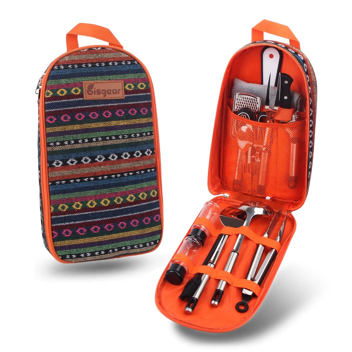 Bisgear Backpacking Camping Cookware Camp Kitchen Utensil BBQ Organizer Travel Mess Kit with Water Resistant Case, Cutting Board, Rice Paddle, Tongs, Scissors, Knife, Spork