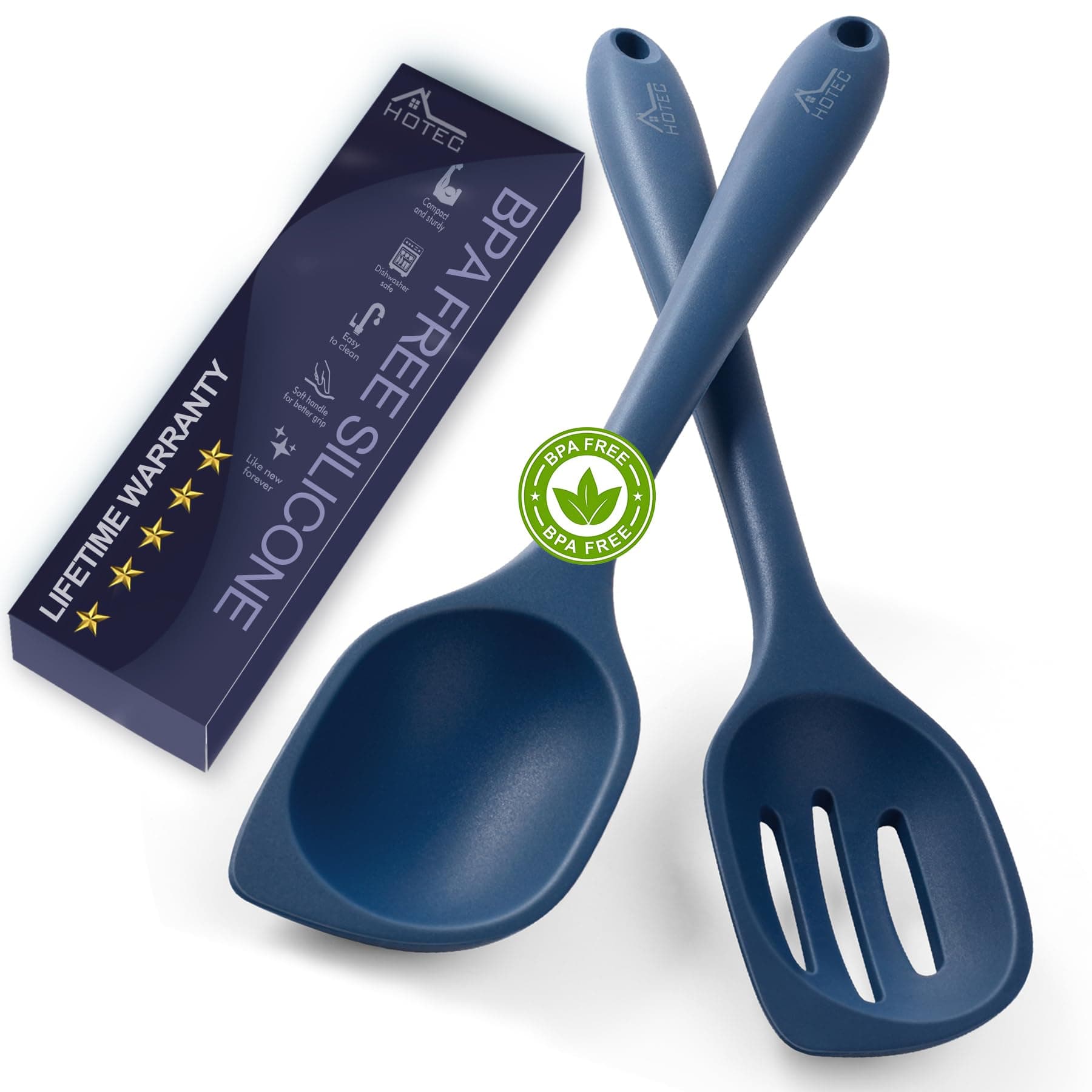 446°F Heat Resistant Silicone Cooking Spoon Spatula, BPA Free Large Kitchen Solid and Slotted Spoons for Mixing, Serving, Scraping, Non-stick, Dishwasher Safe Classic Blue 12.5inch