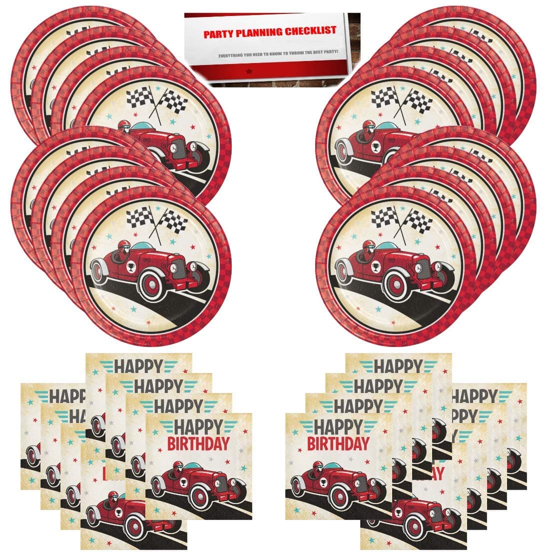 Vintage Race Car Red Birthday Party Supplies Bundle Pack for 16 Guests (Plus Party Planning Checklist by Mikes Super Store)