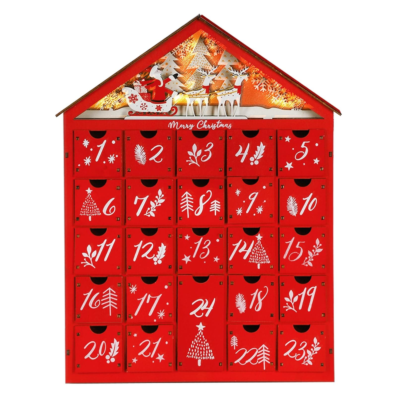 MorTime 24 Day Red House Advent Calendar with Lighted Reindeer Sled Christmas Tree Snowflake, Lighted Wooden Countdown to Christmas Calendar Decoration with 24 Storage Drawers