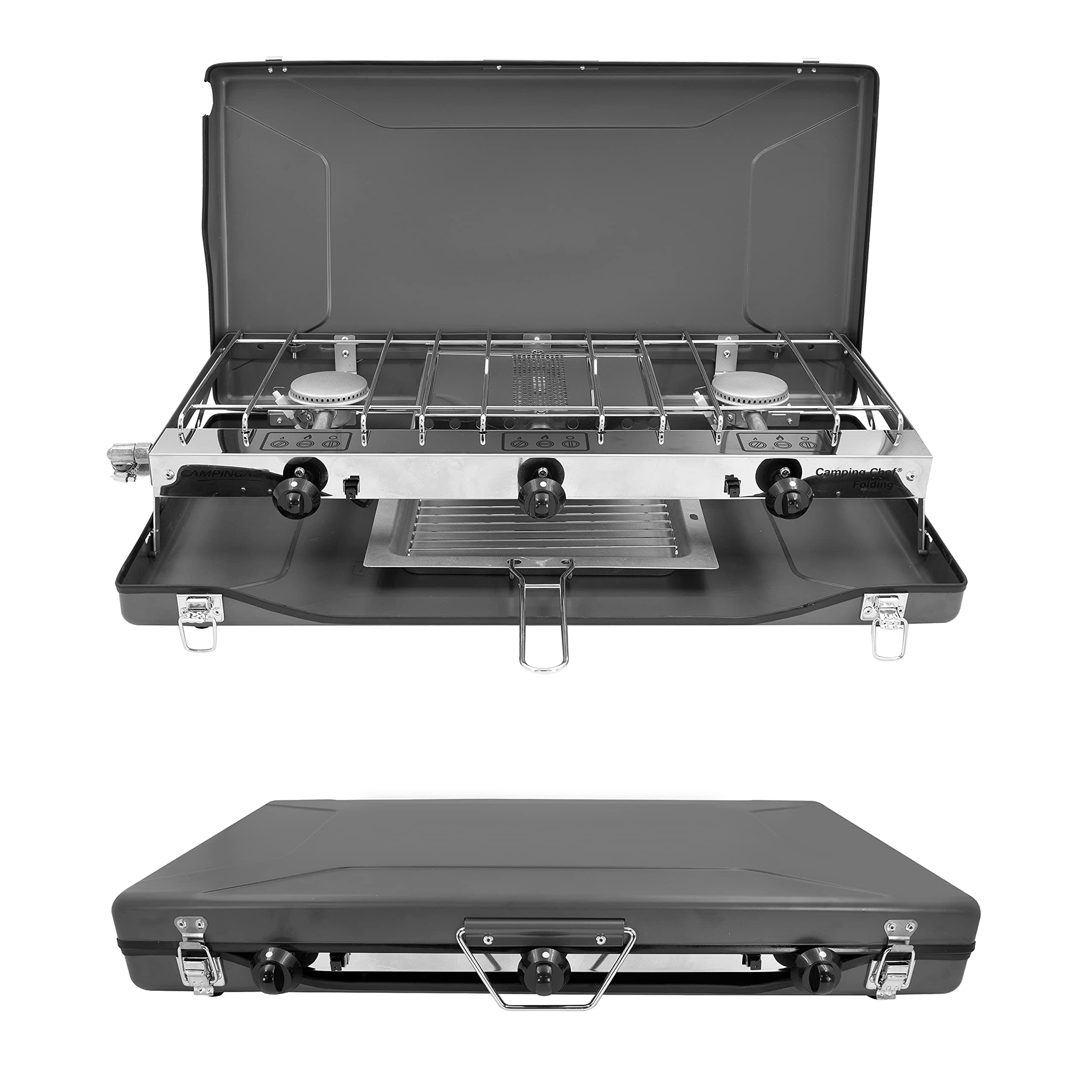 Milestone Camping 18929 Double Burner Gas Stove and Grill/Powerful Performance/Easy to Use/Compact and Practical Design/Ideal for Camping, Caravan Stays and BBQ