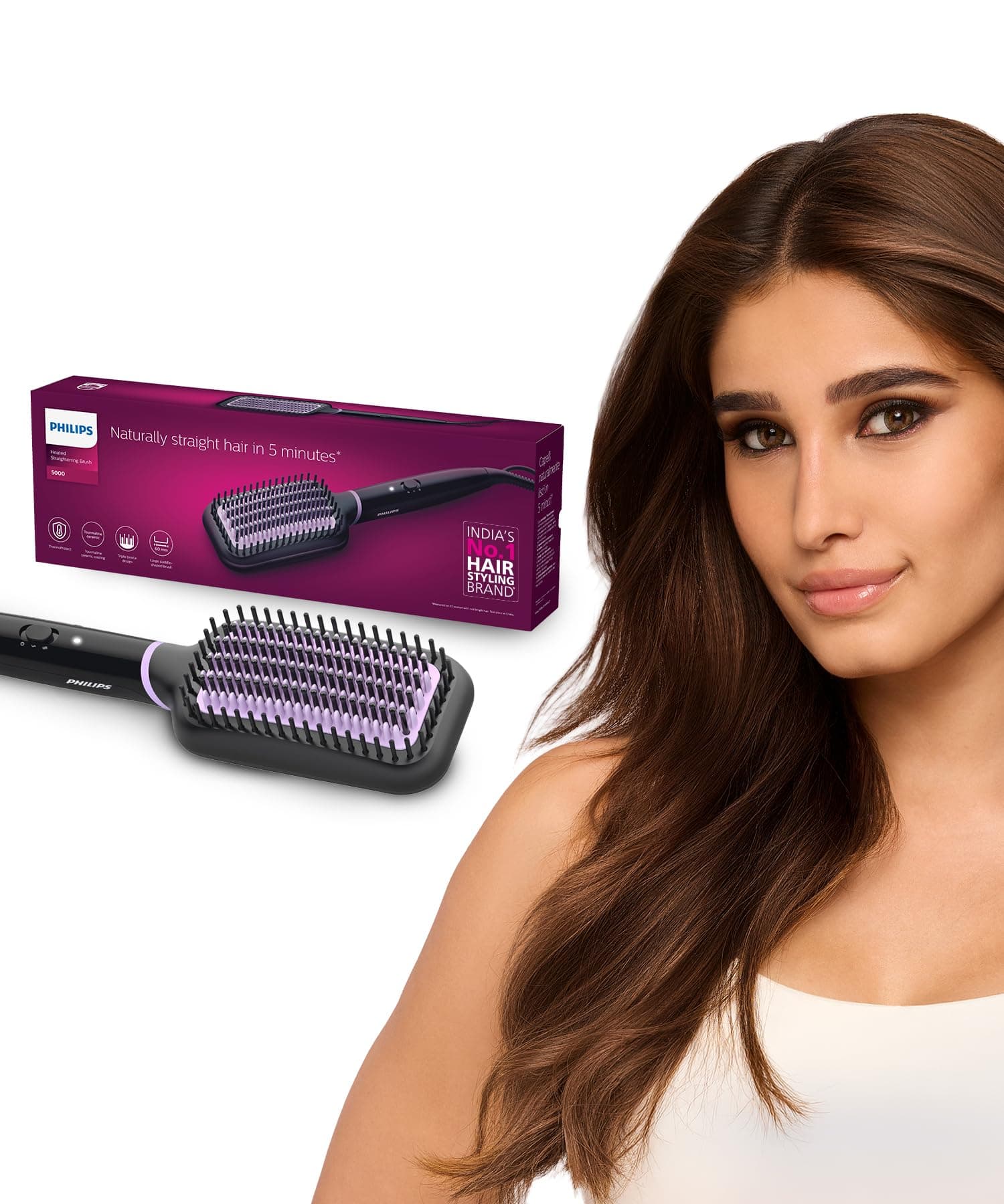 India's No.1 Hair Styling Brand -Hair Straightener Brush, Naturally Straight in 5 Mins,5X Less Frizz,SilkProtect Keratin Tech,Triple Bristle Fast 50s Heatup,Scalp Protect,For Indian Hair,BHH880