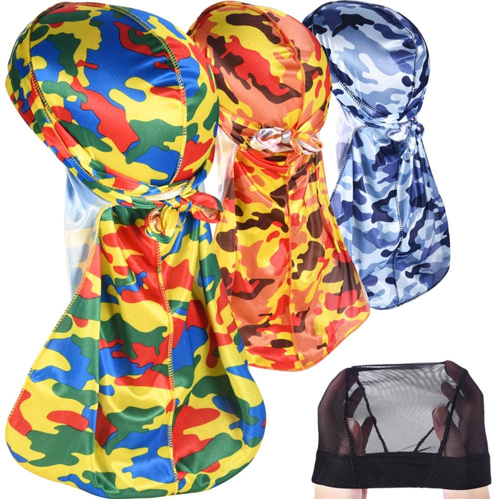 3PCS Camo Paisley Silky Durags Pack for Men Waves, Award 1 Wave Cap,A