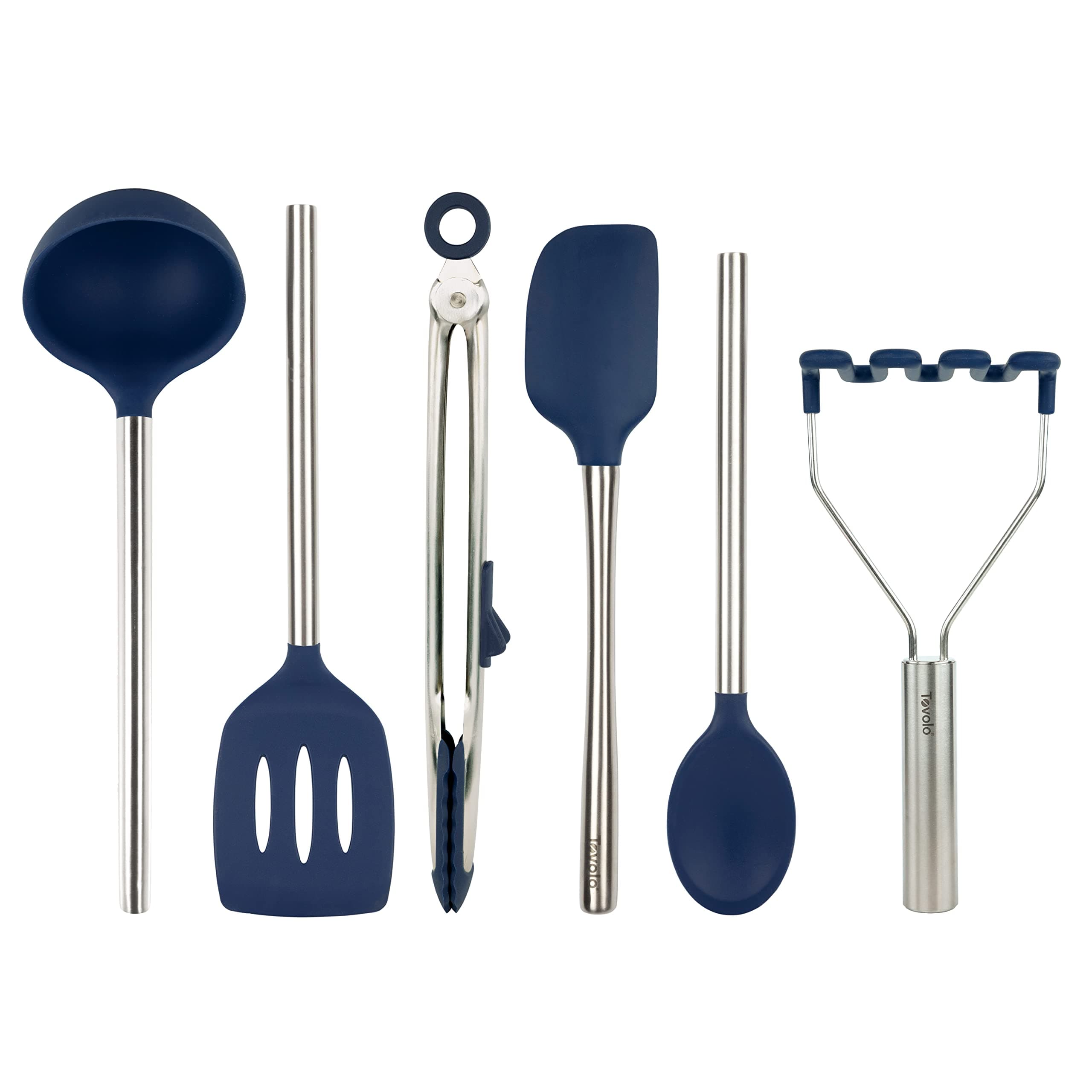 Tovolo Silicone Cooking Utensil Set of 6 Stainless Steel Handle Ladle Slotted Turner Tongs Flex Core Spatula Scraper Mixing Spoon & Potato Masher, Dishwasher Safe BPA Free Utensils, Deep Indigo