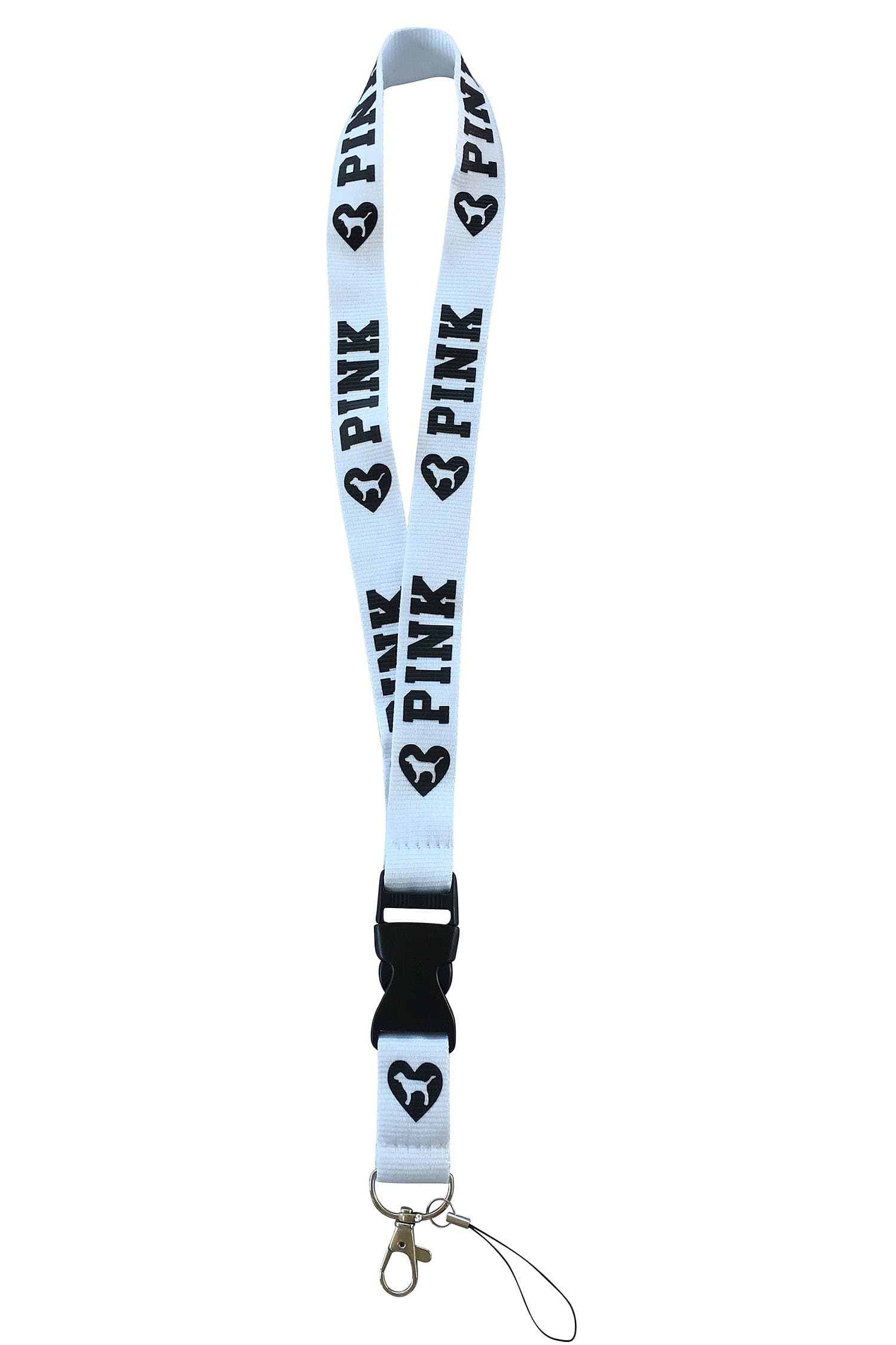 Love Pink Detachable Lanyard White with black lettering for keys cell phones clip clasp breakaway heavy duty