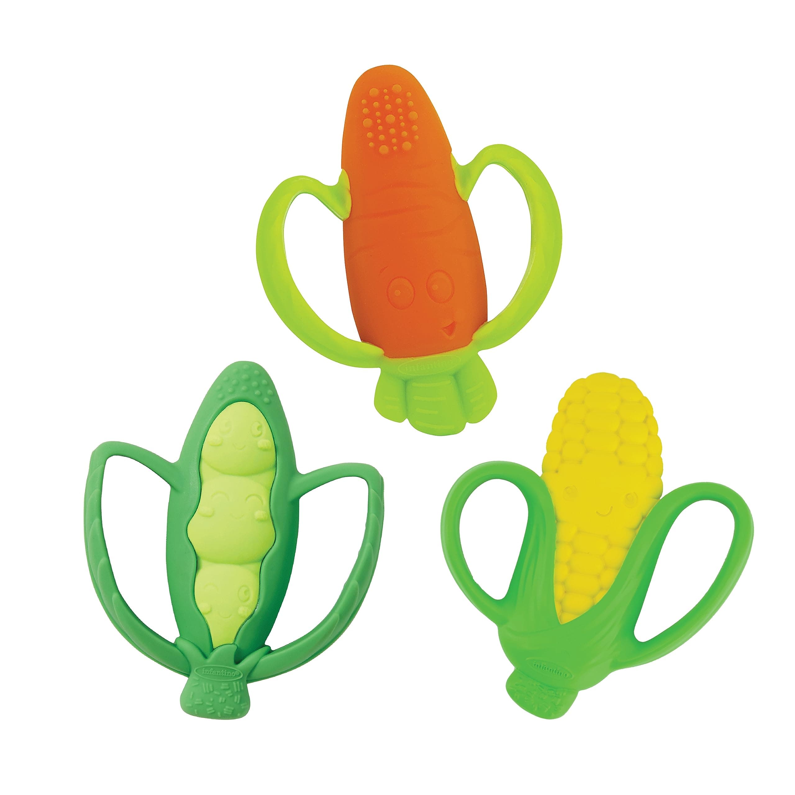 Infantino Lil’ Nibbles Textured Silicone Teethers, BPA-Free Baby Teething Toy, Soft, Easy to Hold, Sensory Stimulation for Infants, Carrot, Corn, Pea Pod, 3-Pack Set