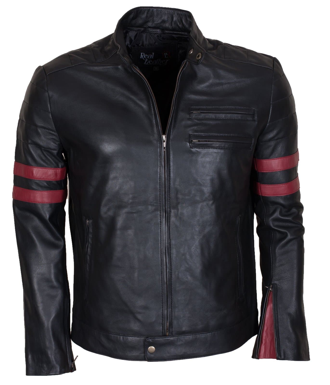 Hollywood Mens Genuine Leather Jacket In Black With Red Stripes