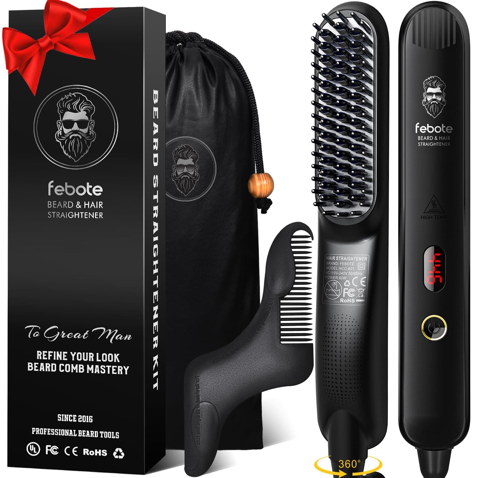 Heated Ionic Hair Straightening Brush for Men - 5 Temperature Settings, Anti-Scald, Beard Shaper & Travel Bag