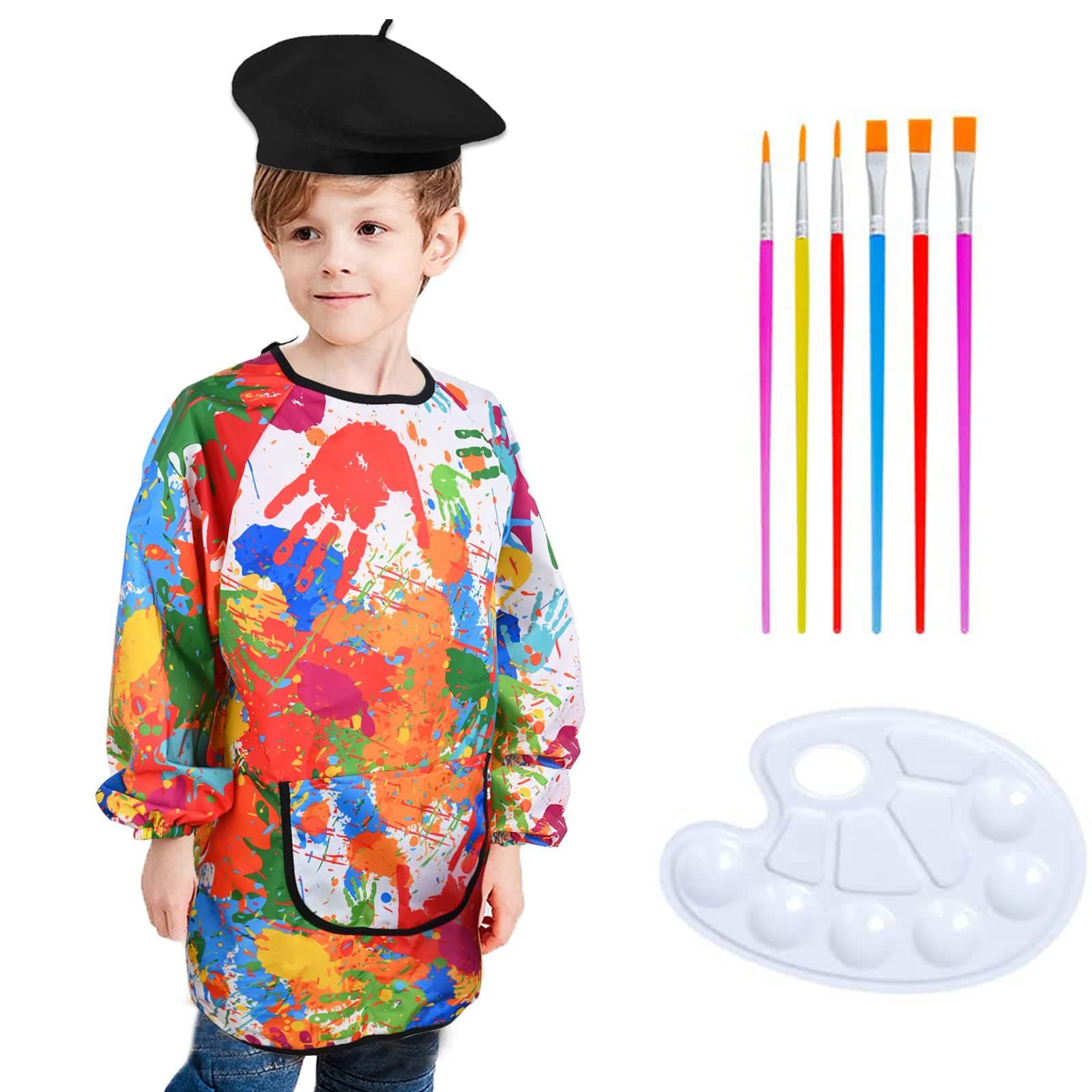 Matiniy 6 Pcs Artist Costume Accessories Set Include Black Beret Hat,Colorful Footprint Apron,Painting Brush Drawing Board