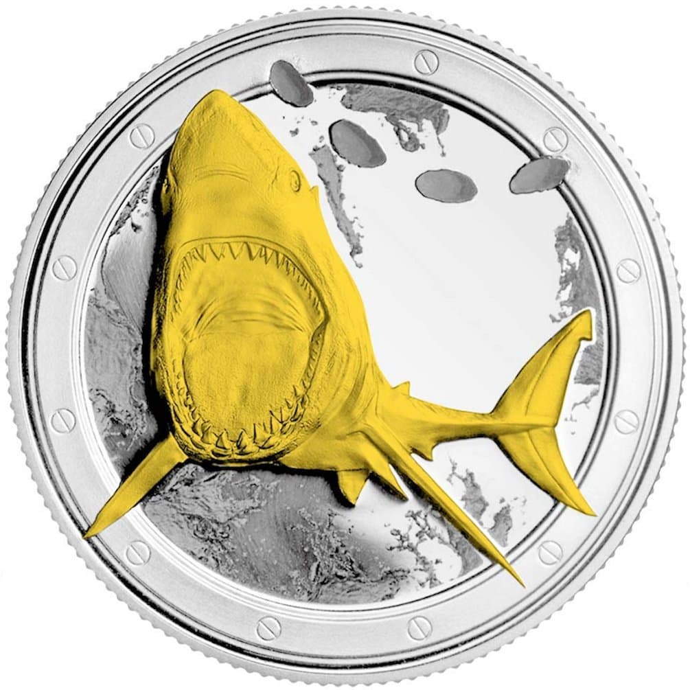 SHARK COIN - GREAT WHITE SHARK - 3-D SHARK LEAPING FROM COIN - GIFT - TOY - COINS COLLECTING - HIGHEST ROYAL MINT QUALITY - 24 CARAT GOLD & SILVER PLATED - 1 OZ - 4.0 CM