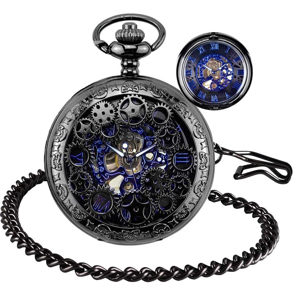 BHGWR Mens Pocket Watch with Chain, Retro Men Analogue Steampunk Skeleton Watches, Mechanical Hand Wind Pocket Fob Watch with Roman Numerals for Men - Black