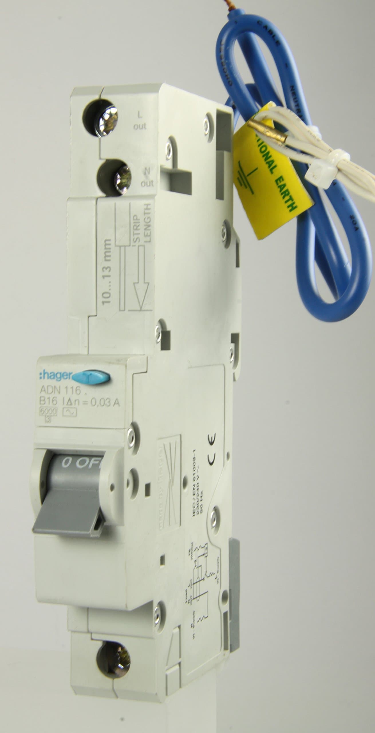 Hager ADN116 AC Class Domestic Electronic RCBO, 1 Pole, 1 Module, Type B, 6 kA Breaking Capacity, 30 mA Sensitivity, 16 A Current