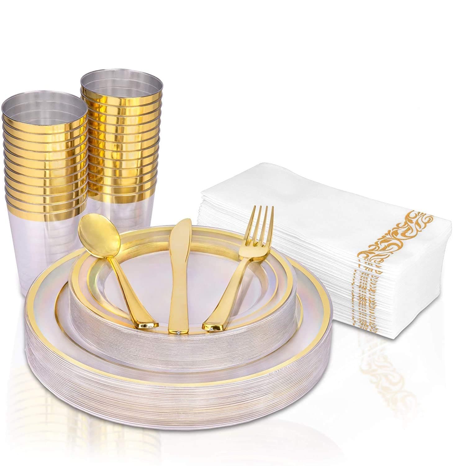 FETE Disposable Dinnerware Set – 175 Pack of Heavy-Duty Plastic Party Plates, Cups, Napkins, Forks, Spoons and Knives – Decorative Tableware for Parties, Weddings, and Anniversaries – gold lines