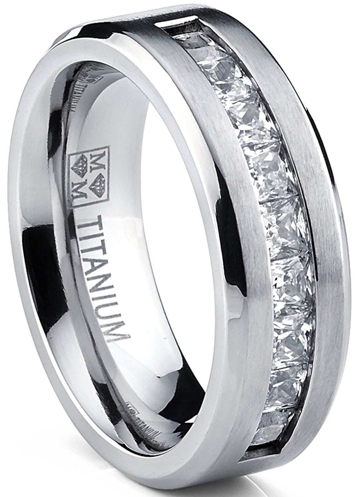 Metal Masters Co. Titanium Men's Band Engagement Ring with 9 Large Princess Cut Cubic Zirconia