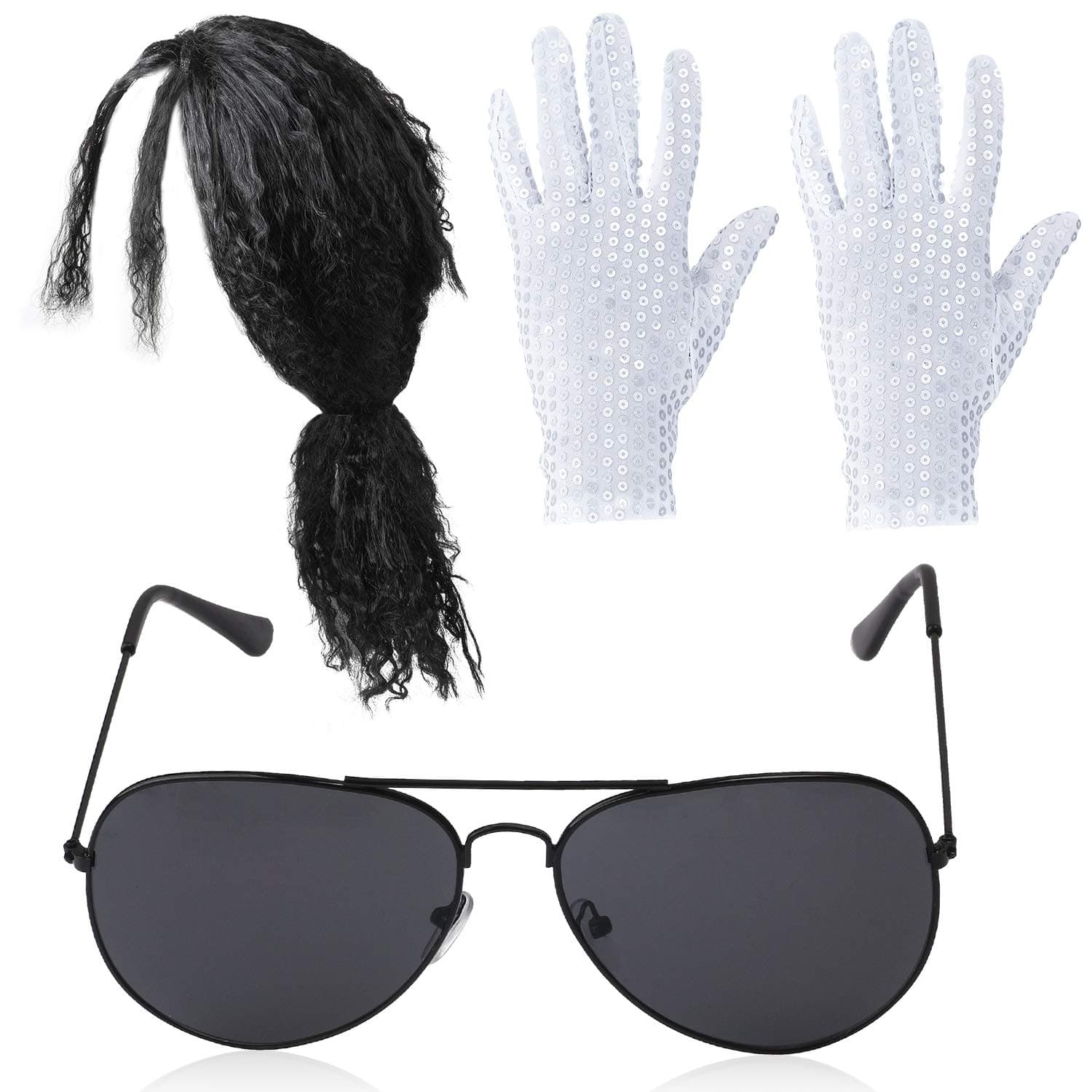 Beelittle 80s Pop Rockstar Dance Costume Accessories Set Balck Curly Wig Sequins Gloves Fashion Aviator Sunglasses MJ Performance Kit - 3 Pieces (Long Wig)