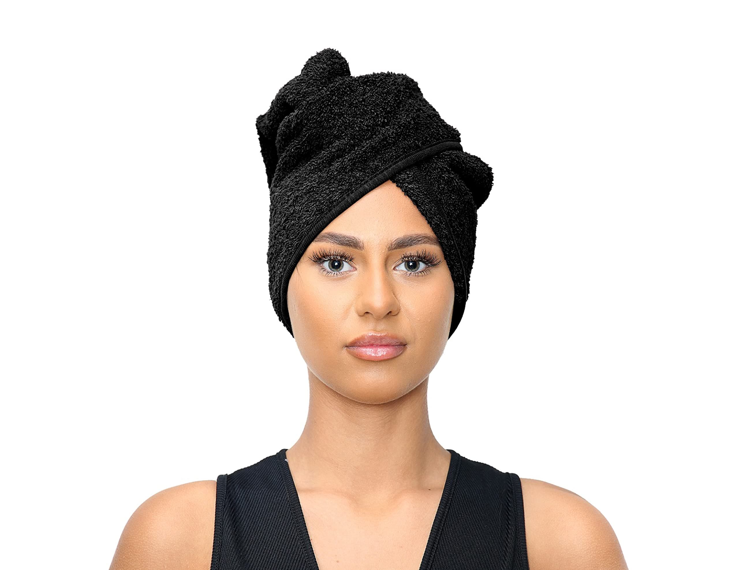 Terry Cotton Hair Towel Wrap Turban Absorbent Spa Towels with Loop & Button for Long Hairs (Black)