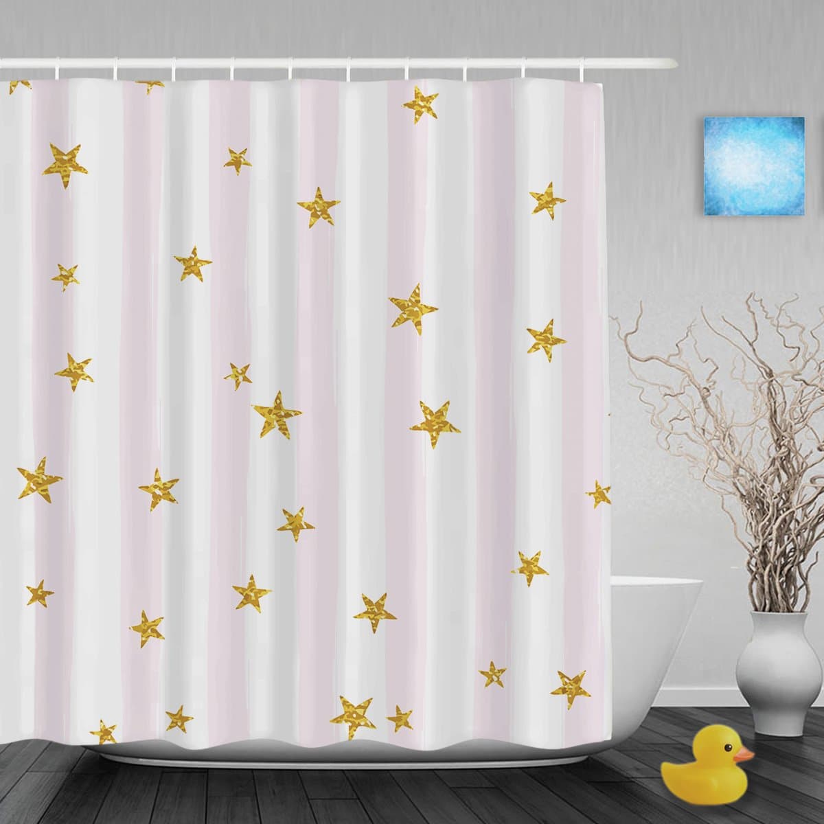 Gold Glittering Stars On Stripe Background Bathroom Shower Curtains Waterproof Mildewproof Fade Resistant Polyester Fabric Shower Curtain 66"X72"Inch