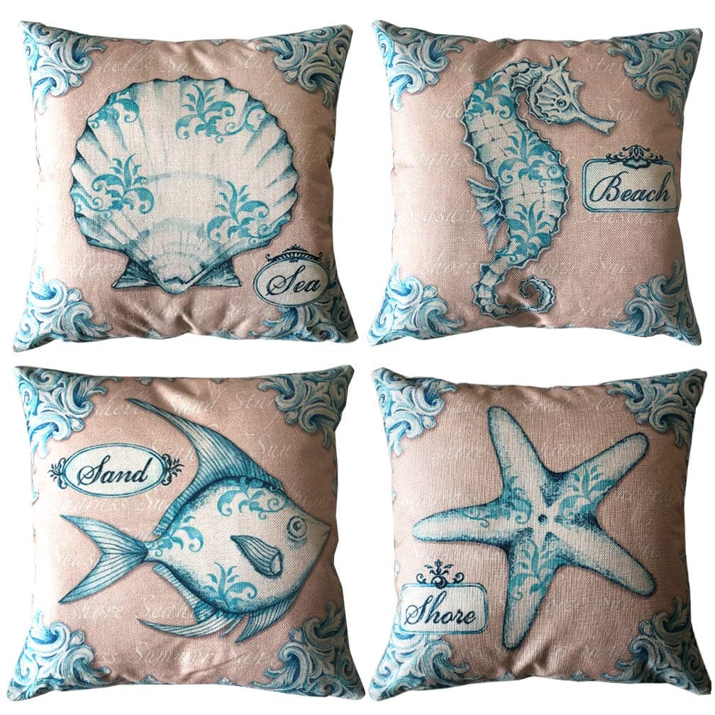 ULOVE LOVE YOURSELF Beach Throw Pillow Covers Sea Theme Sea Horse-Seashell-Fish-Starfish Nautical Pillow Cases Home Decorative Cushion Cover 18”×18”,4Pack(Sea Theme)