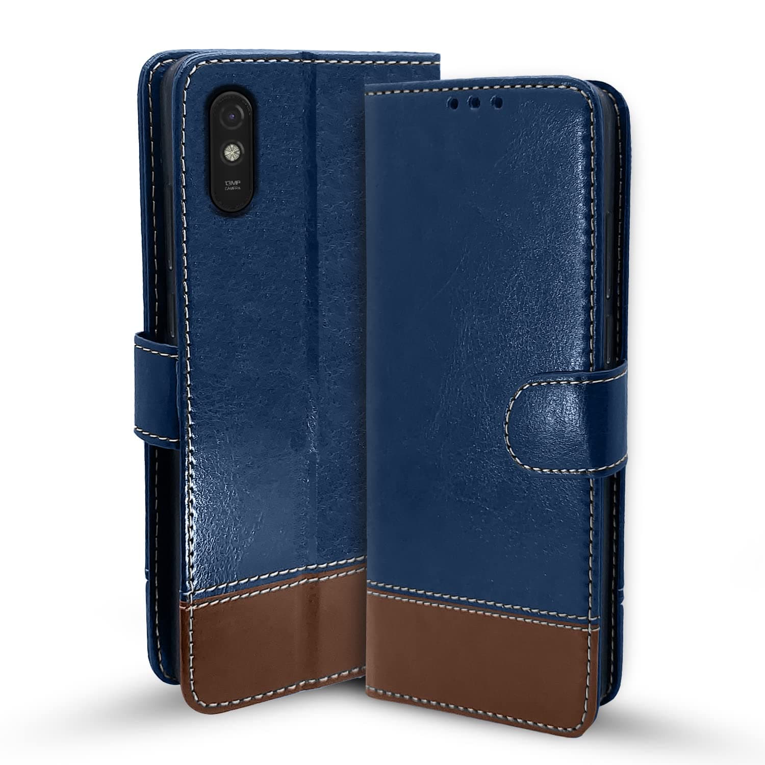 Pikkme Mi Redmi 9A / 9i / 9A Sport Flip Cover Leather Finish Wallet Back Case for Mi Redmi 9A / 9i / 9A Sport (Blue & Brown)