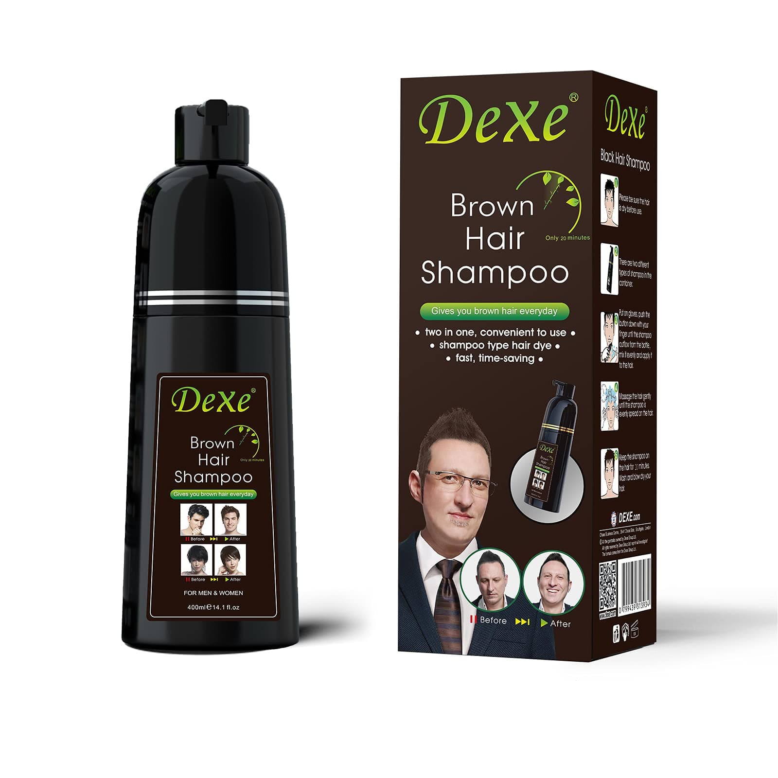 Dexe Instant Brown Hair Shampoo 13.53 Floz, Hair Dye Shampoo For Men & Women- Mild Plant Formula-Ammonia Free-100% Gray Coverage-Easy & Quick -Lasts 30 Days 3 in 1 Brown Hair Dye 400ml