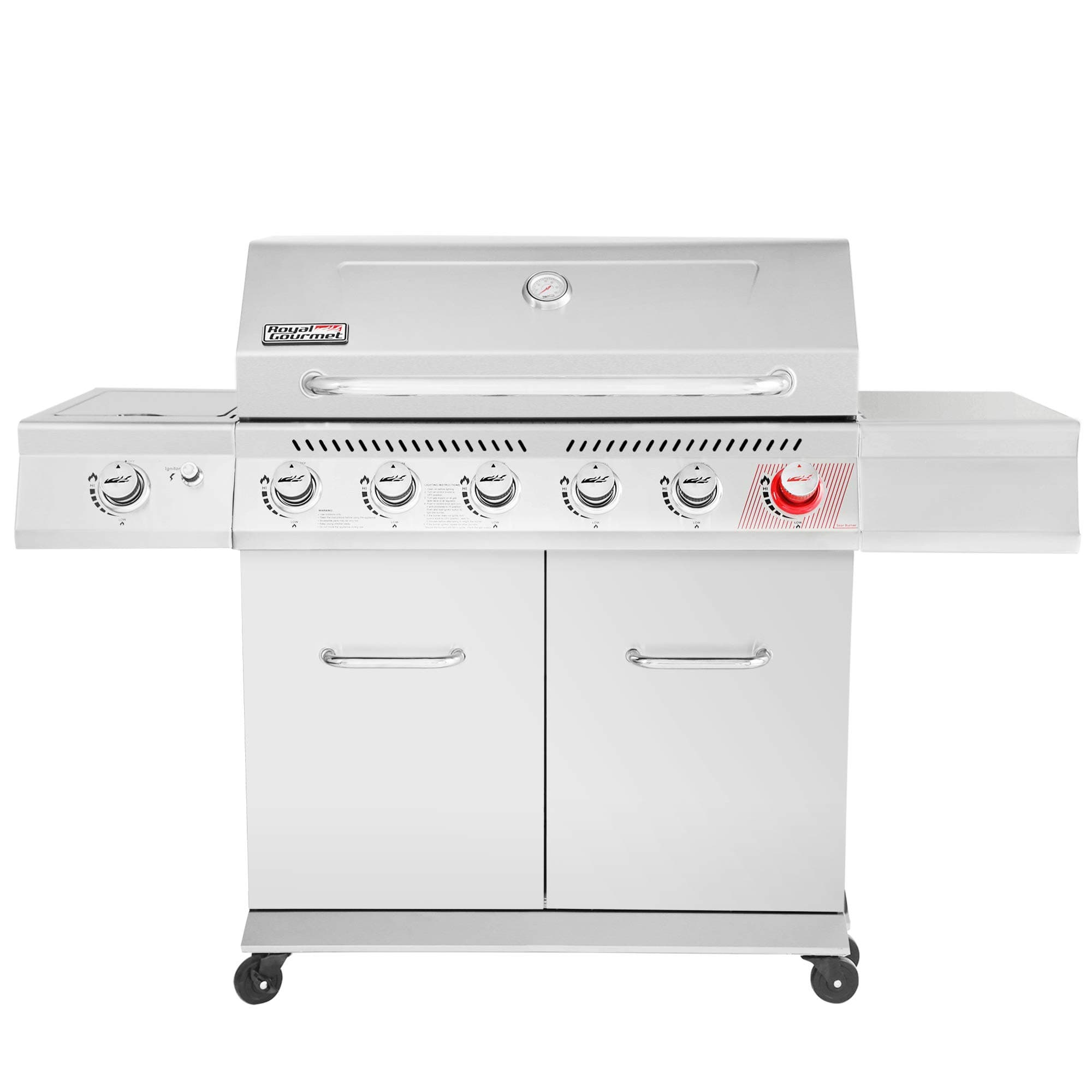 Royal Gourmet GA6402S Premier 6 BBQ Stainless Steel Propane Gas Grill with Sear Side Burner Cabinet Style Outdoor Party Cooking, Silver