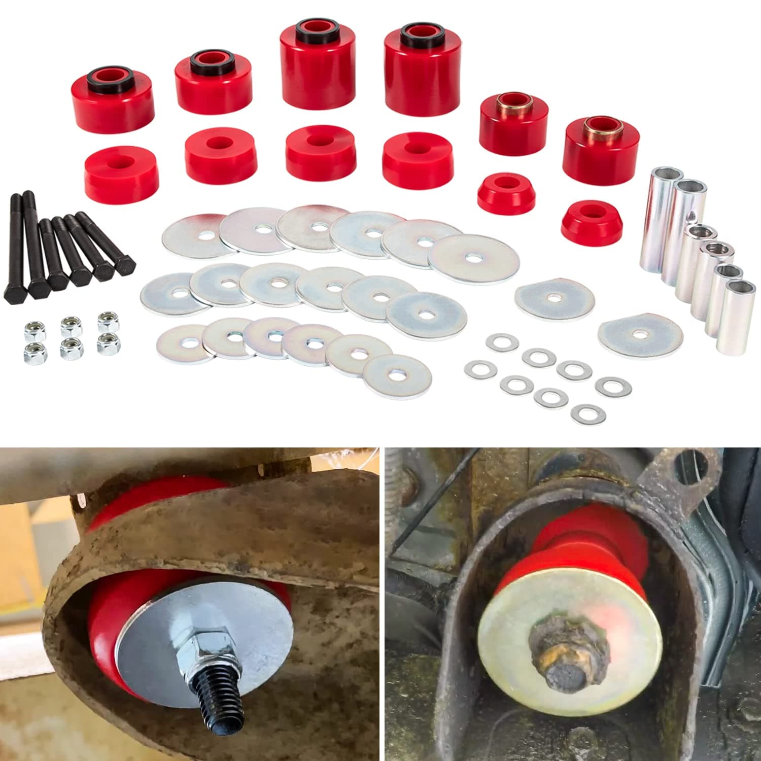 E-cowlboy Body Mount Bushing Set Kit for Ford F-150 F-250 F-350 1980-1998 2WD 4WD Polyurethane Body Cab Mounts & Steel Sleeves & Hardware (Red)